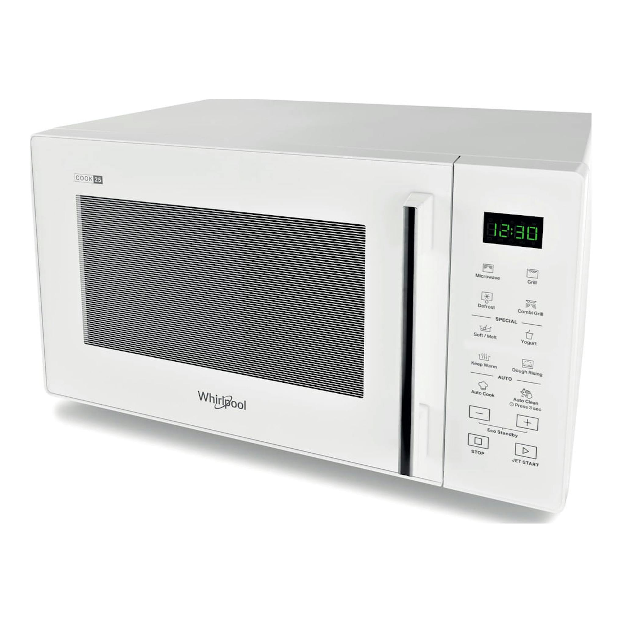 Microondas Whirlpool MWP 253 W blanco, vista frontal y lateral derecha, con panel digital y grill.