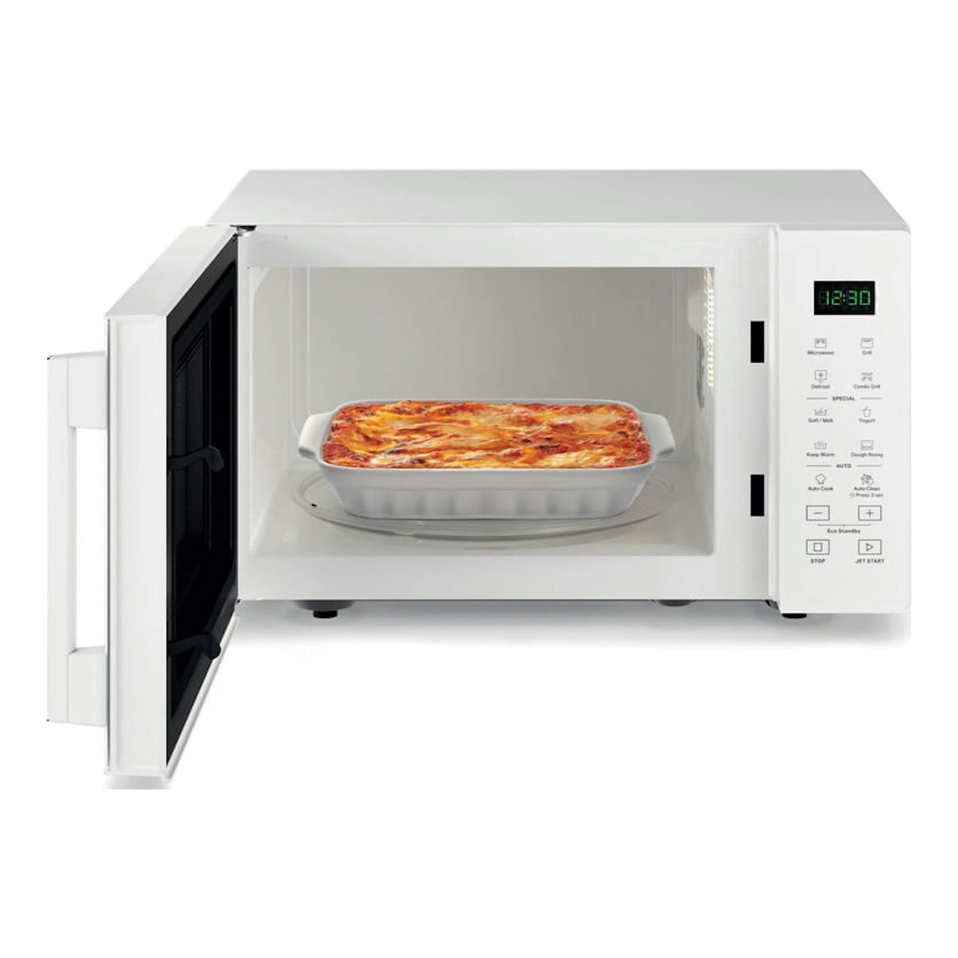 Microondas Whirlpool MWP 253 W blanco, con puerta abierta y bandeja con plato dentro, vista frontal.