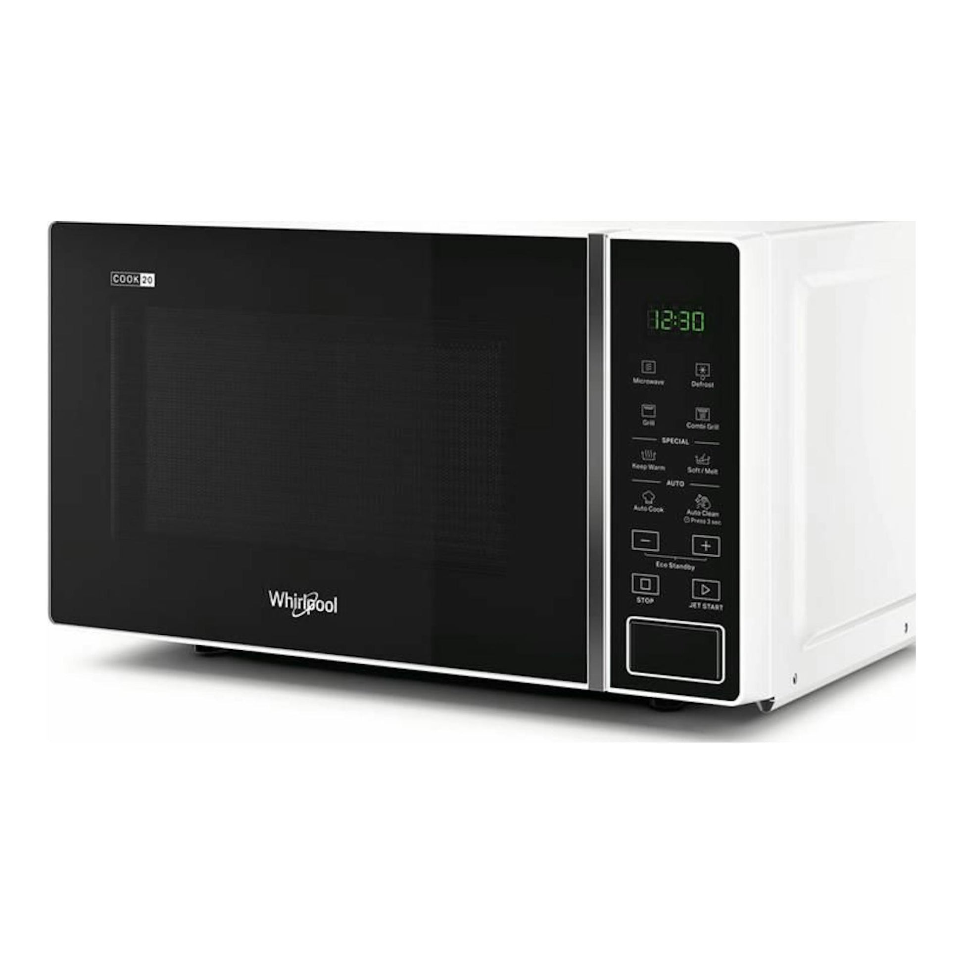 Microondas Whirlpool MWP203W blanco, vista frontal derecha, con puerta negra y panel digital.
