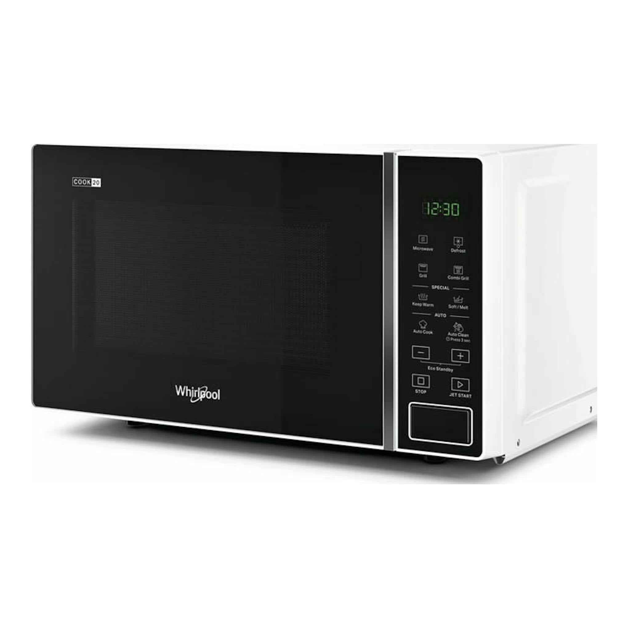 Microondas Whirlpool MWP203W blanco, vista frontal derecha, con puerta negra y panel digital.