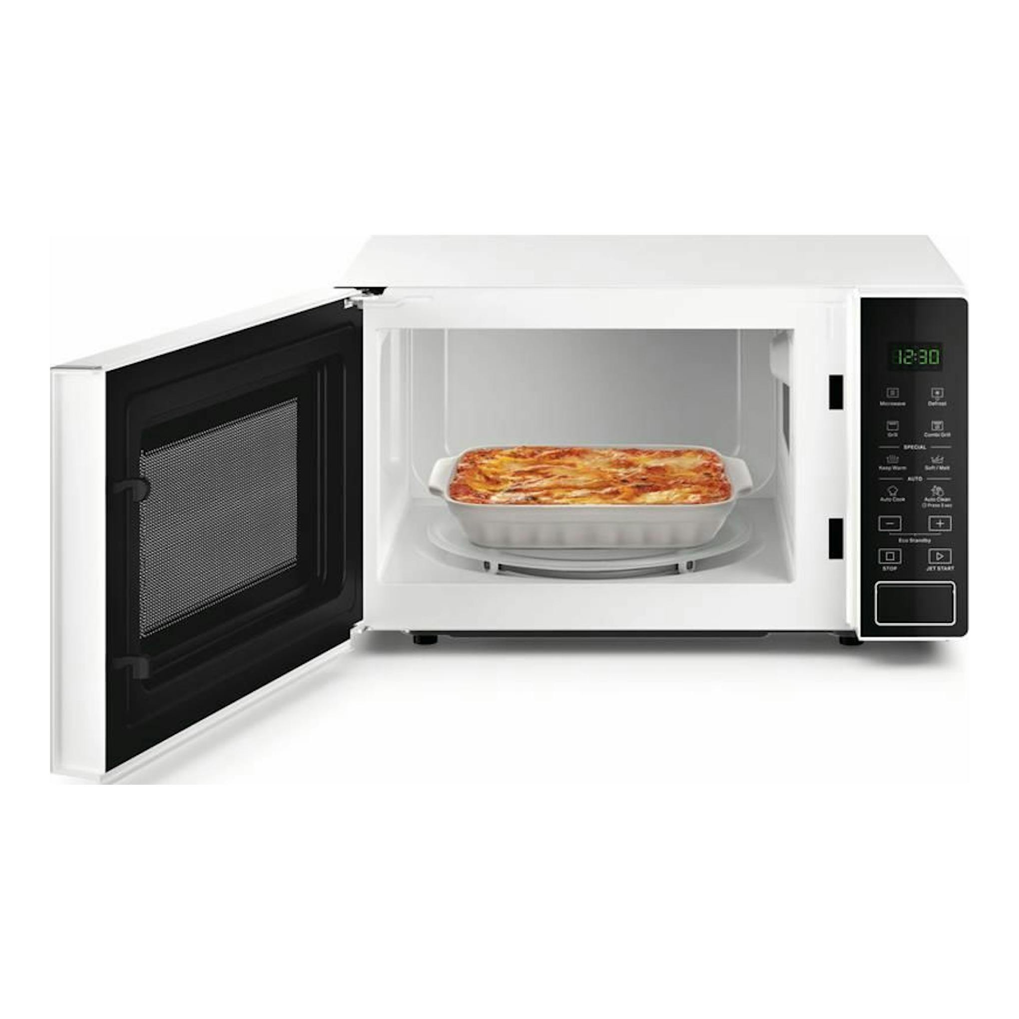 Microondas Whirlpool MWP203W blanco, vista frontal con puerta abierta y plato dentro.