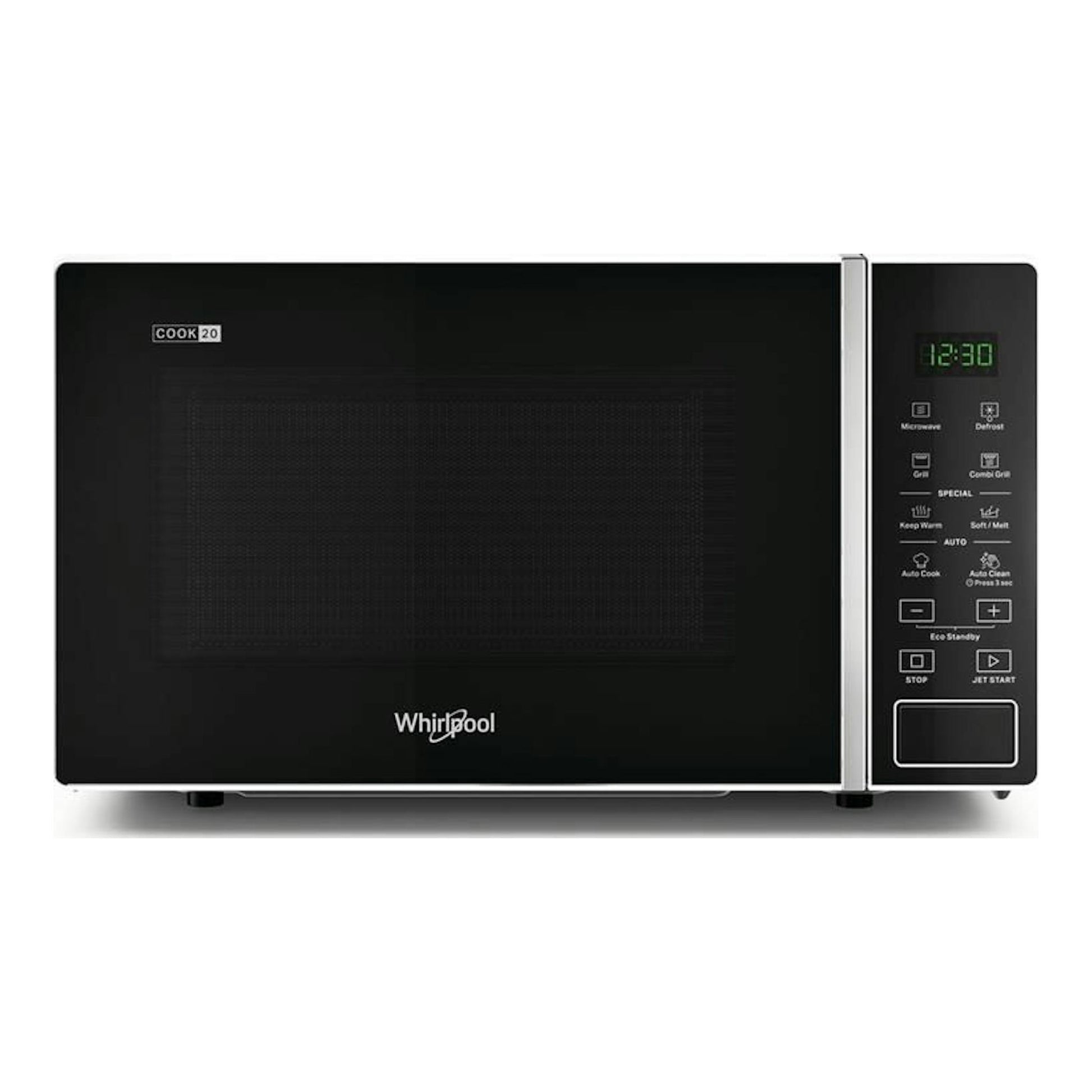 Microondas Whirlpool MWP203W negro, vista frontal, con panel de control digital y display verde a la derecha.