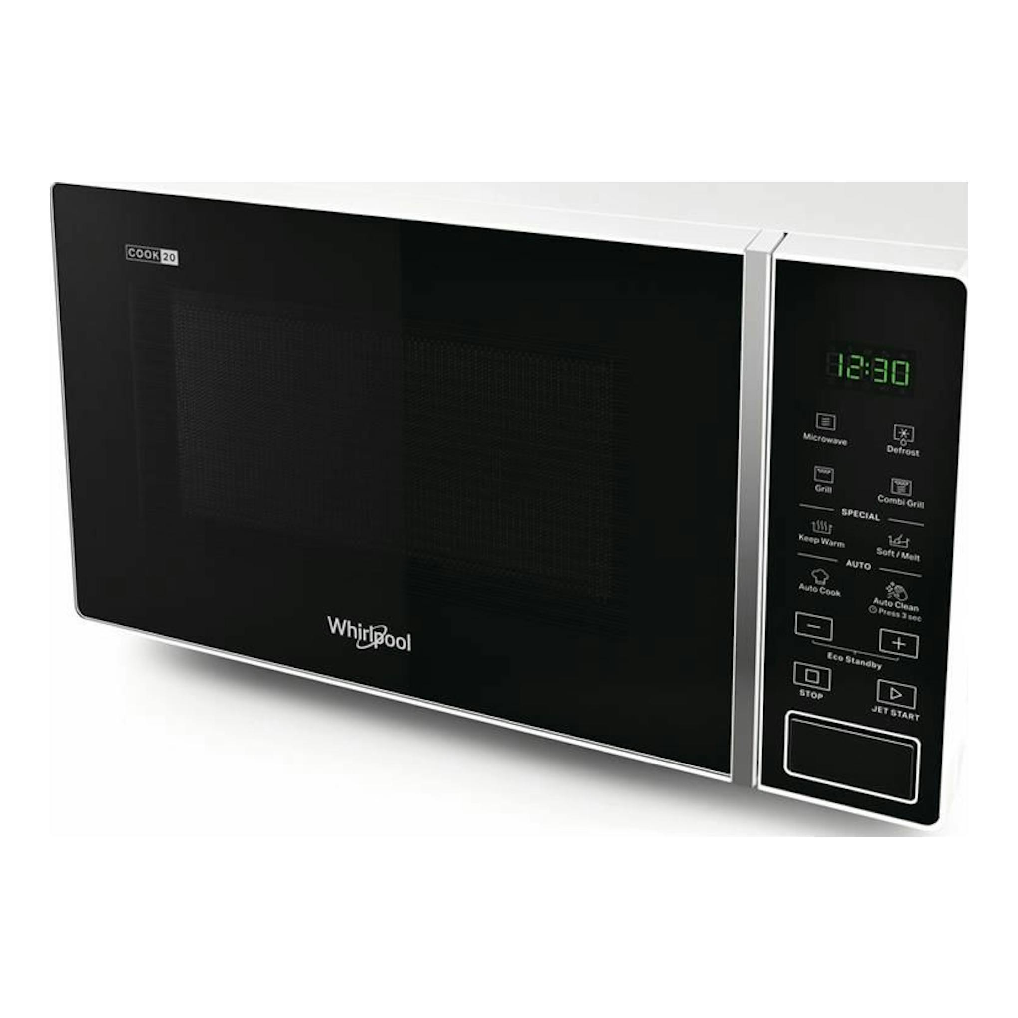 Microondas Whirlpool MWP203W blanco, vista frontal en ángulo, con puerta negra y panel digital lateral.