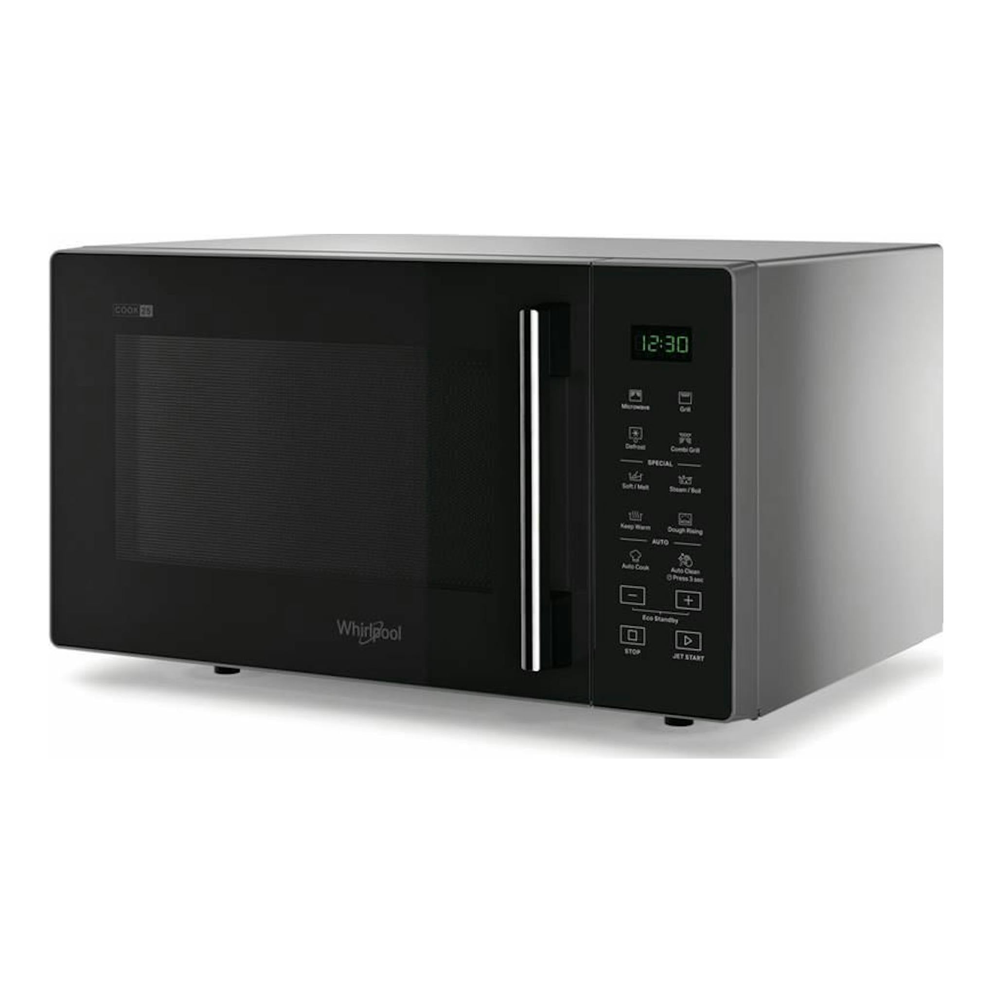 Microondas Whirlpool MWP254SB negro, vista frontal en ángulo, con panel digital a la derecha y puerta negra.
