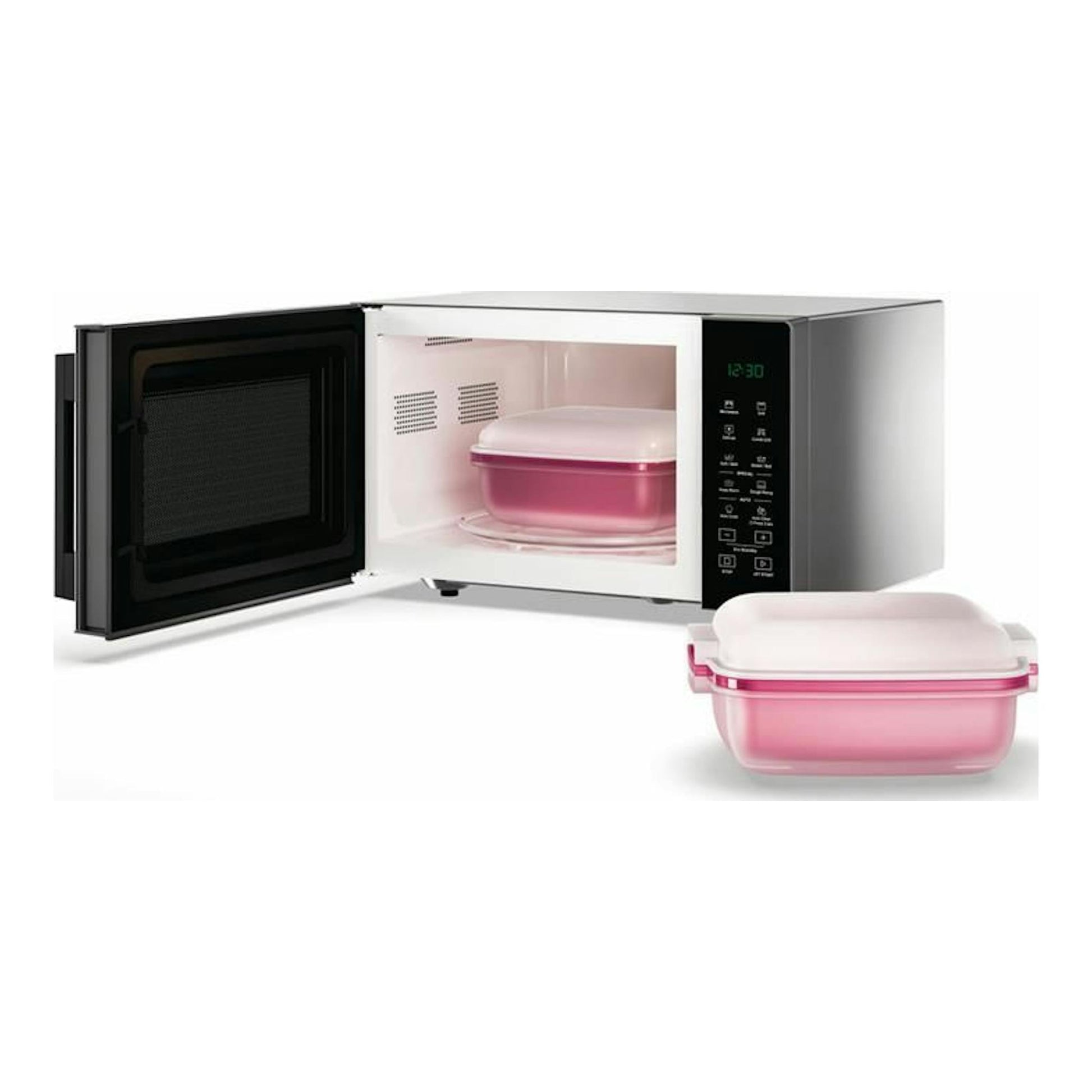 Microondas Whirlpool MWP254SB negro y plata, con la puerta abierta y un recipiente rosa dentro; otro delante.