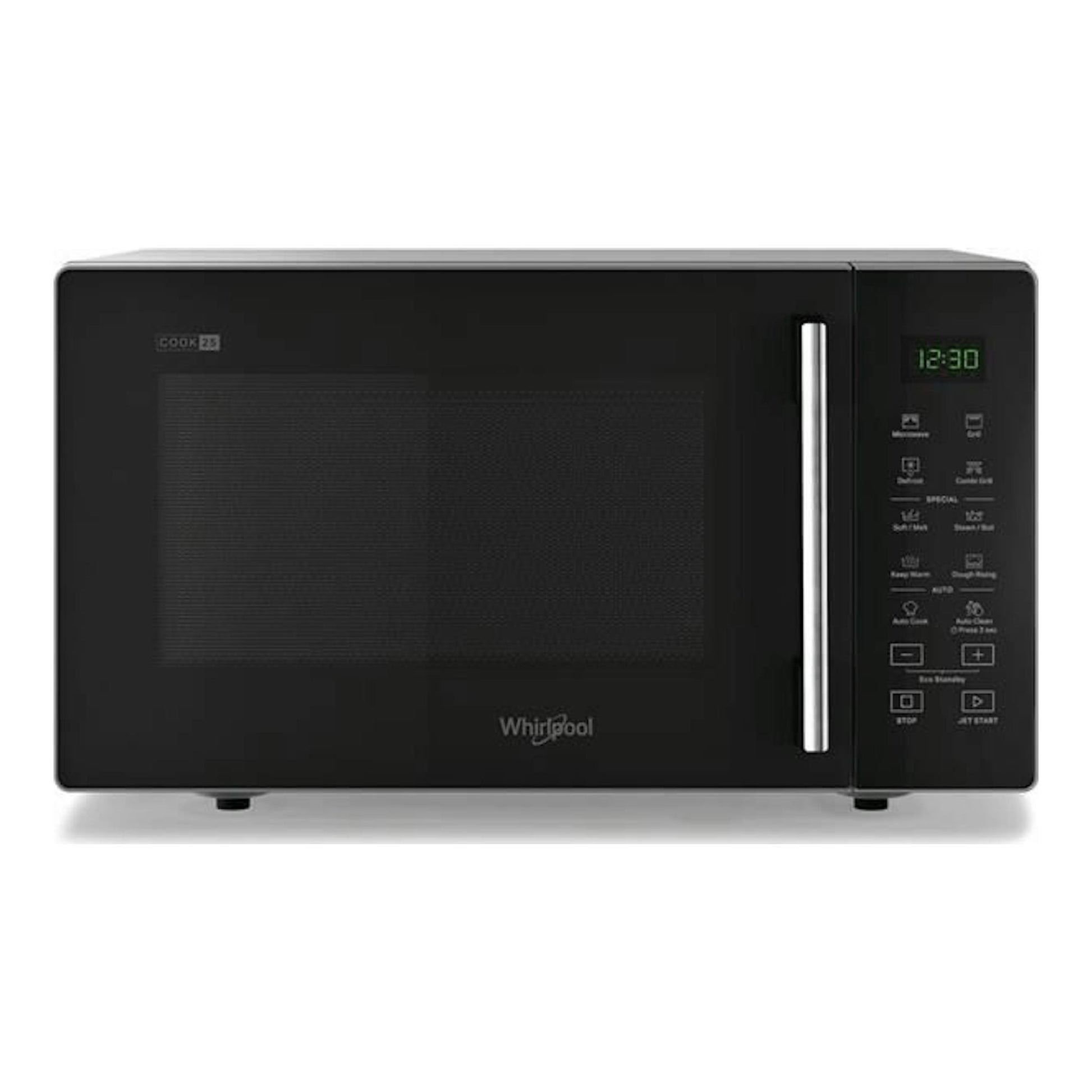 Microondas Whirlpool MWP254SB negro, vista frontal, con panel digital y puerta de vidrio tintado.