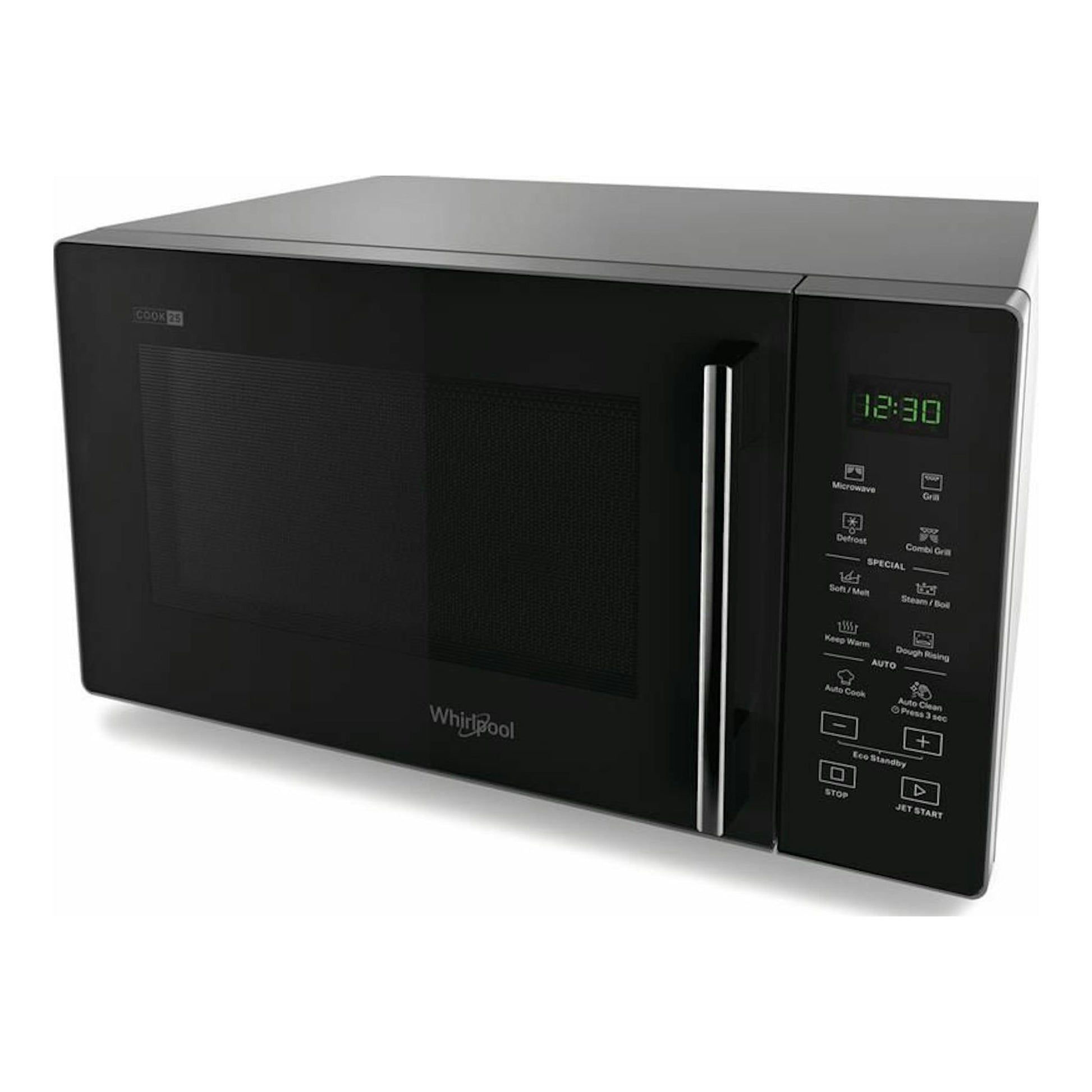 Microondas Whirlpool MWP254SB negro, vista frontal en ángulo, con panel digital y puerta con asa vertical.