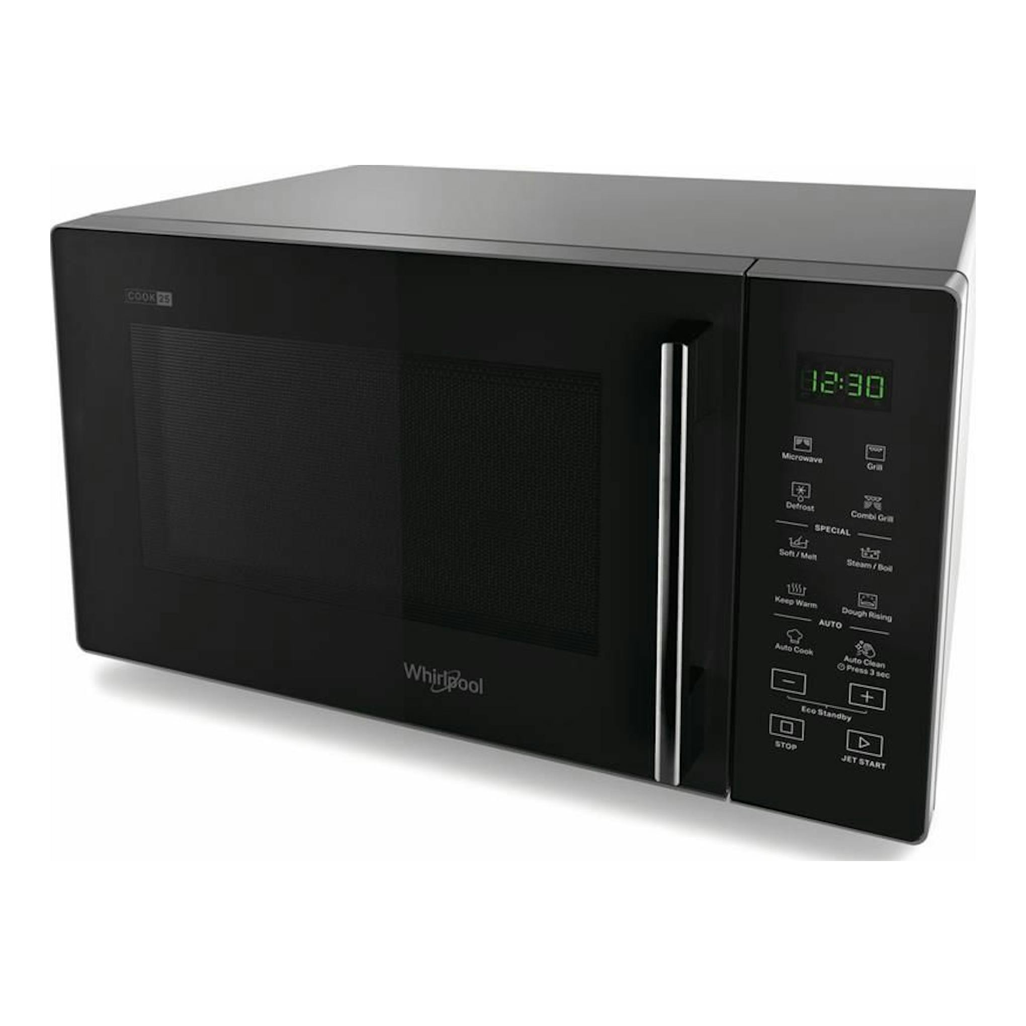 Microondas Whirlpool MWP254SB negro, vista frontal en ángulo, con panel digital y puerta con asa vertical.