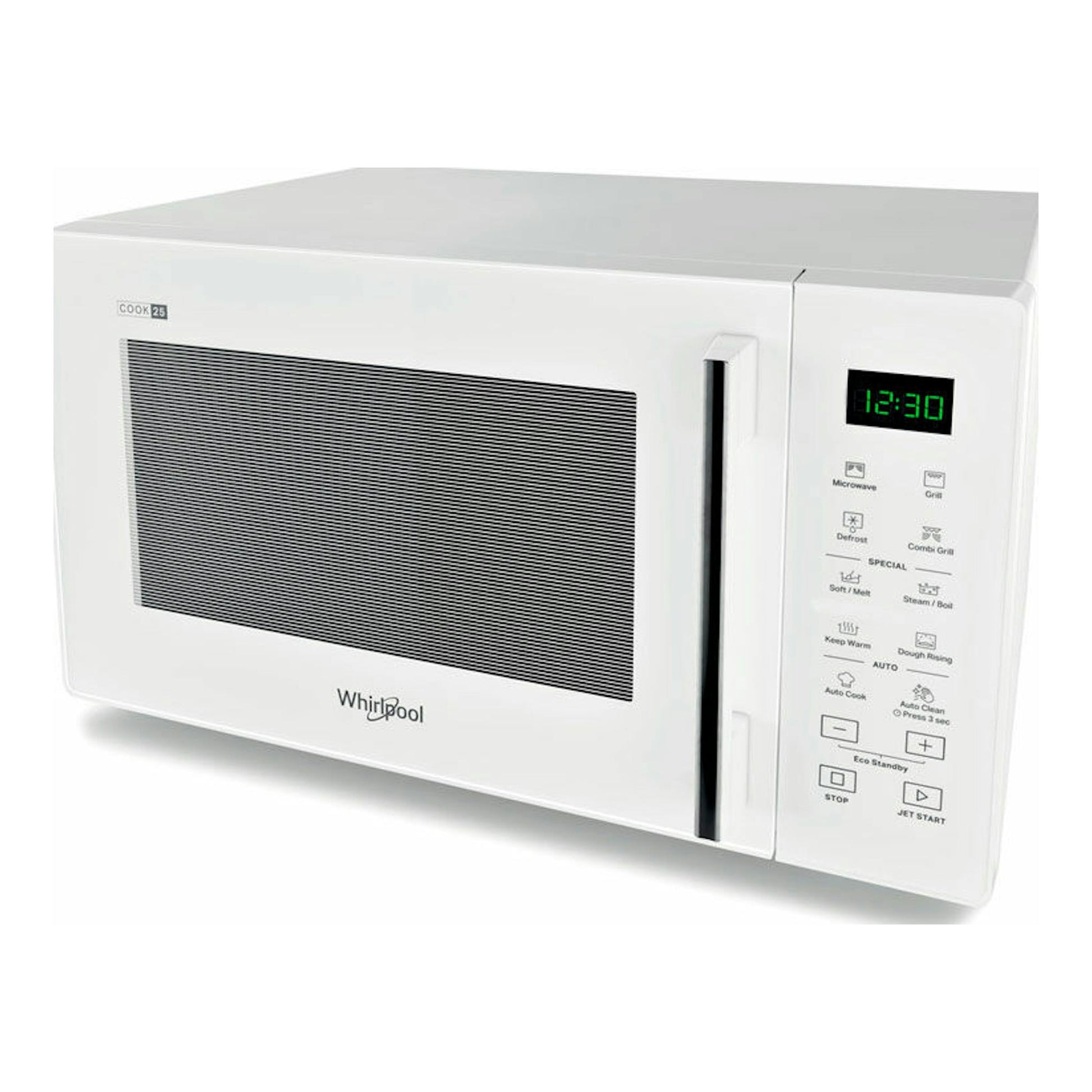 Microondas Whirlpool MWP254W blanco, vista frontal en ángulo, con panel digital y puerta blanca.