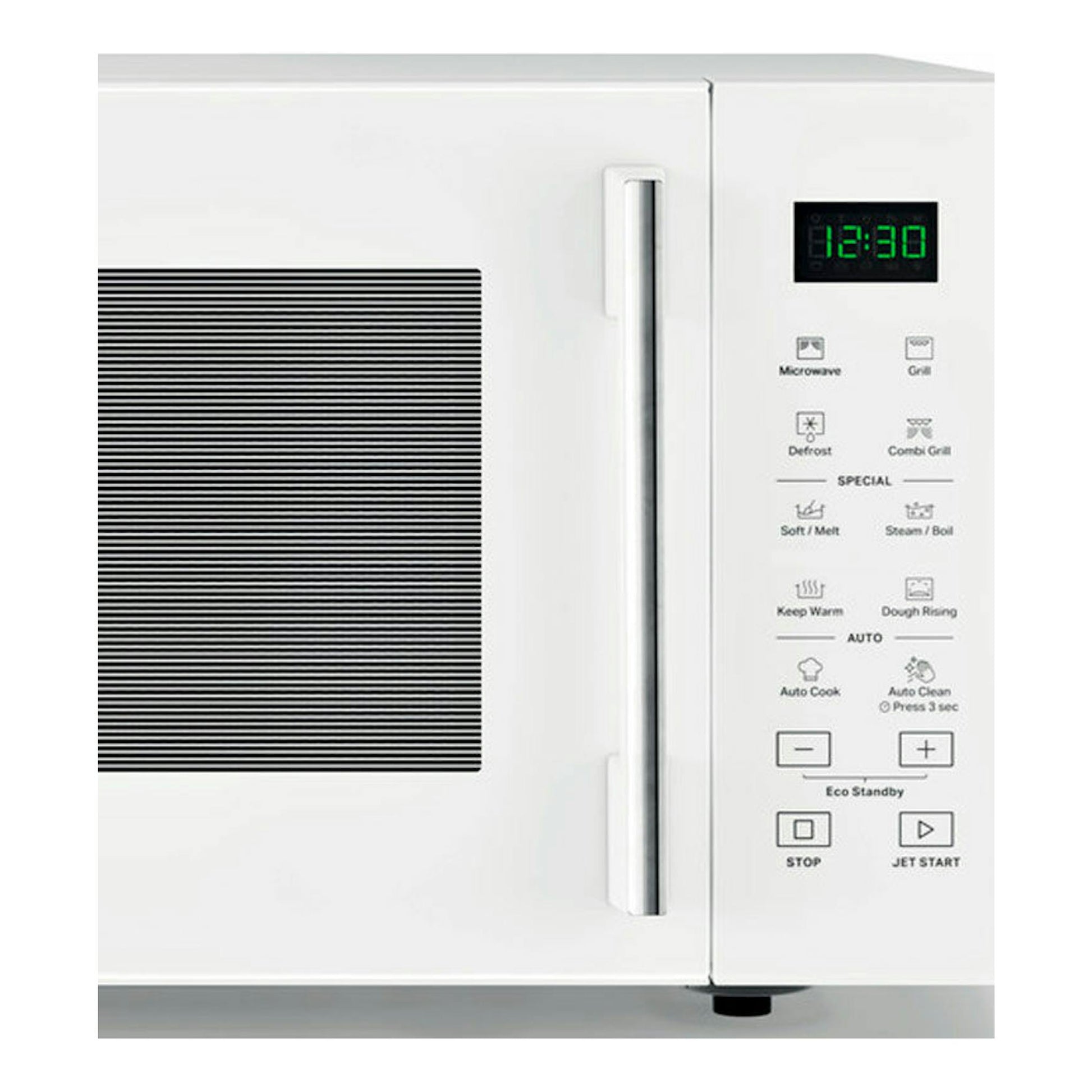 Microondas Whirlpool MWP254W blanco, vista frontal, con panel digital y puerta con asa vertical.