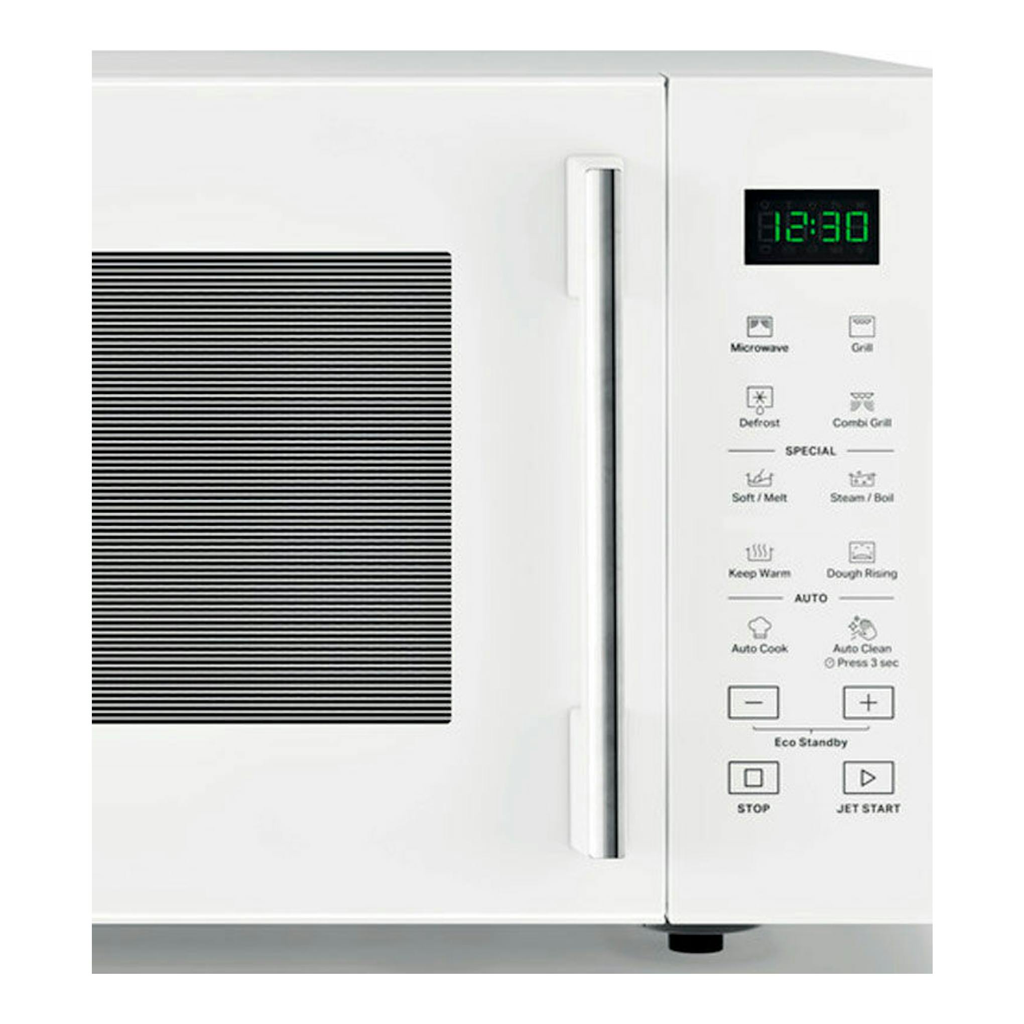 Microondas Whirlpool MWP254W blanco, vista frontal, con panel digital y puerta con asa vertical.