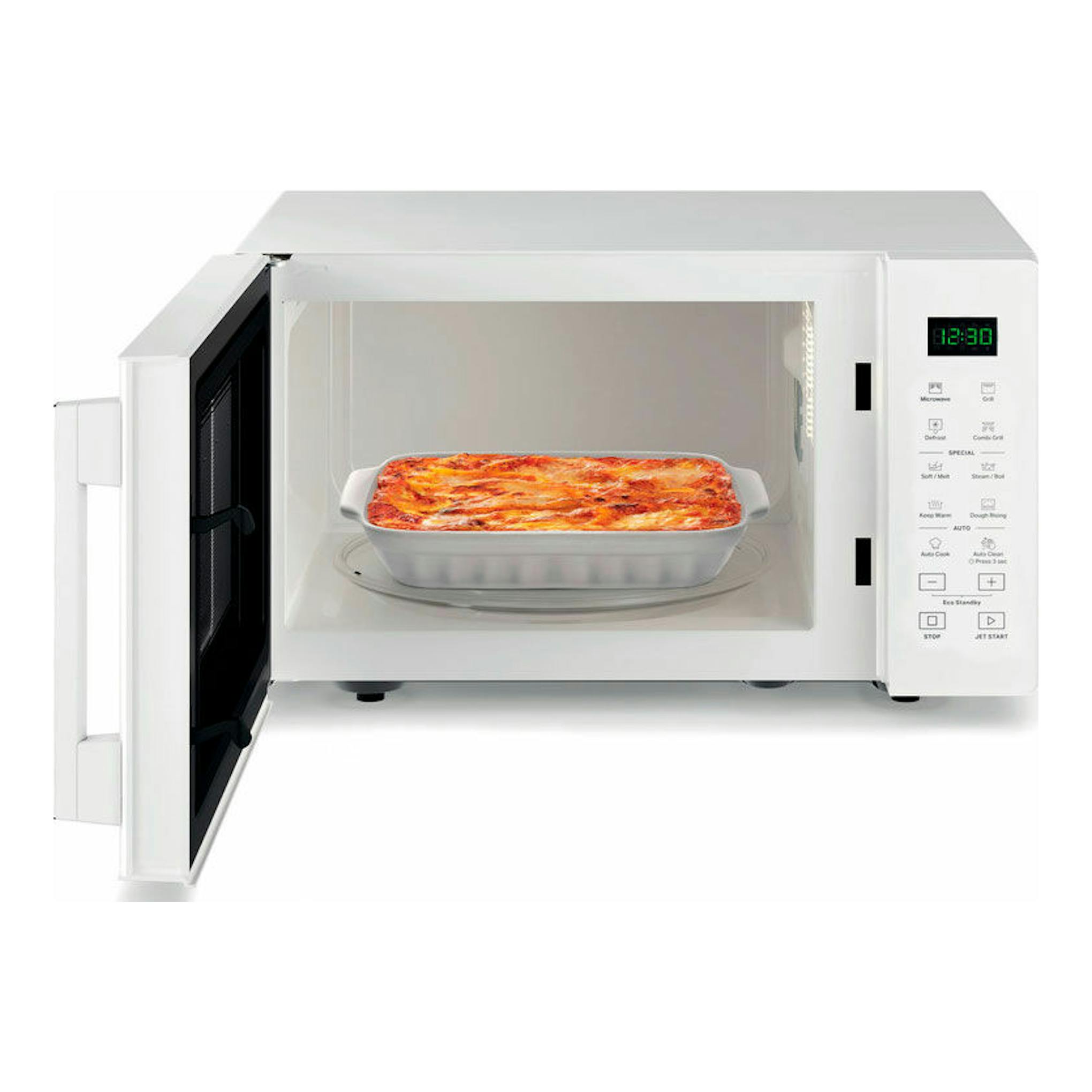 Microondas Whirlpool MWP254W blanco, vista frontal con la puerta abierta y un plato dentro.