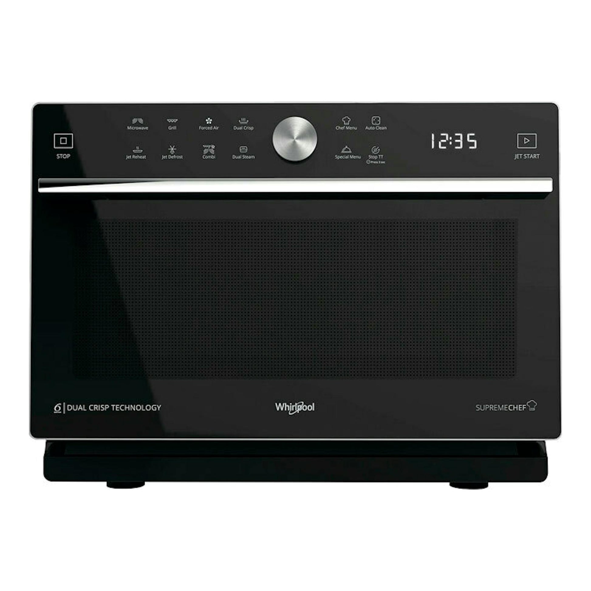 Microondas Whirlpool MWSC 933 SB negro, vista frontal, con pantalla digital 12:35 y mando giratorio.