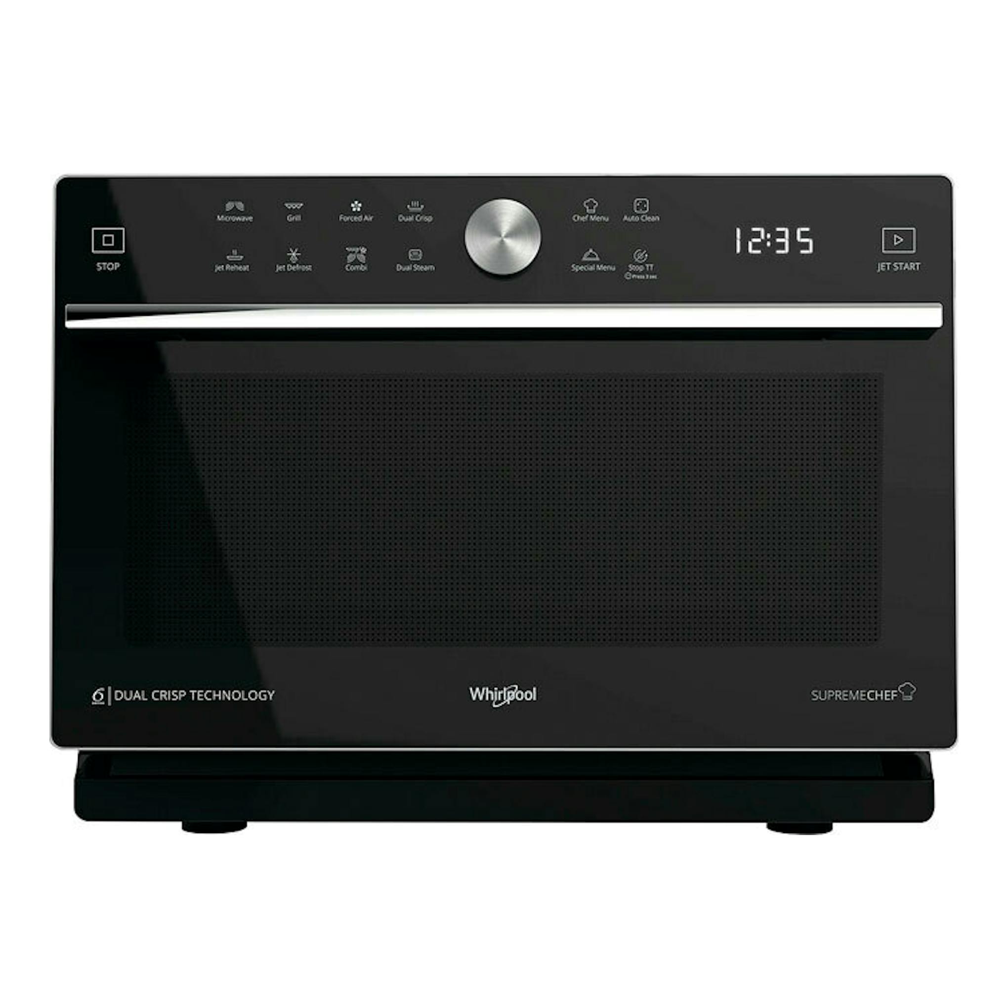 Microondas Whirlpool MWSC 933 SB negro, vista frontal, con pantalla digital 12:35 y mando giratorio.