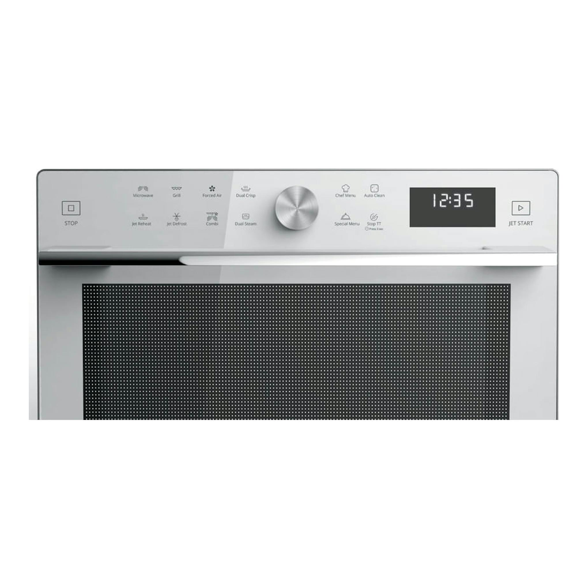 Microondas Whirlpool MWSC 933 SW blanco, vista frontal parcial con panel digital y mando giratorio.