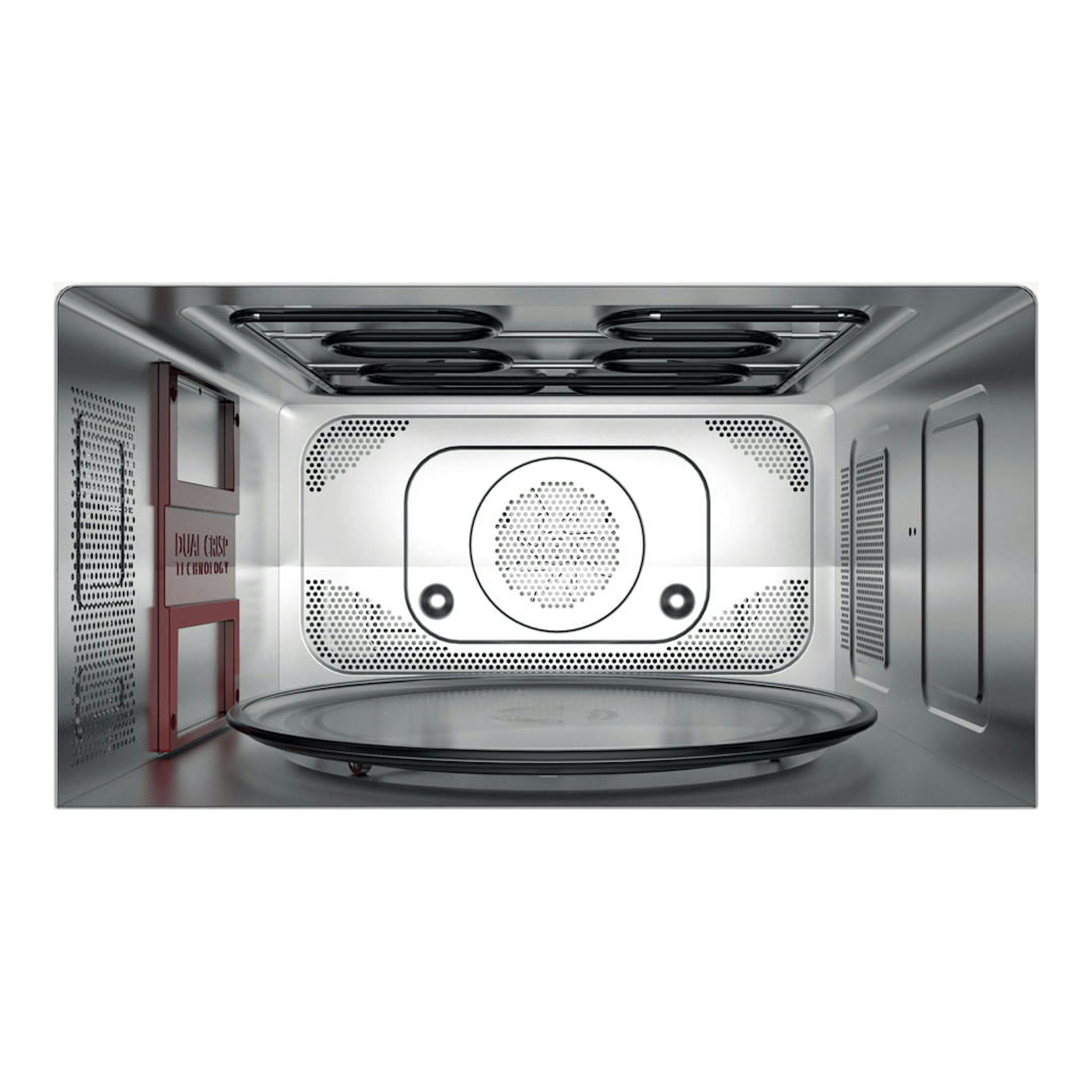 Interior de microondas Whirlpool MWSC 933 SW, vista frontal, acero inoxidable, plato giratorio y rejillas.