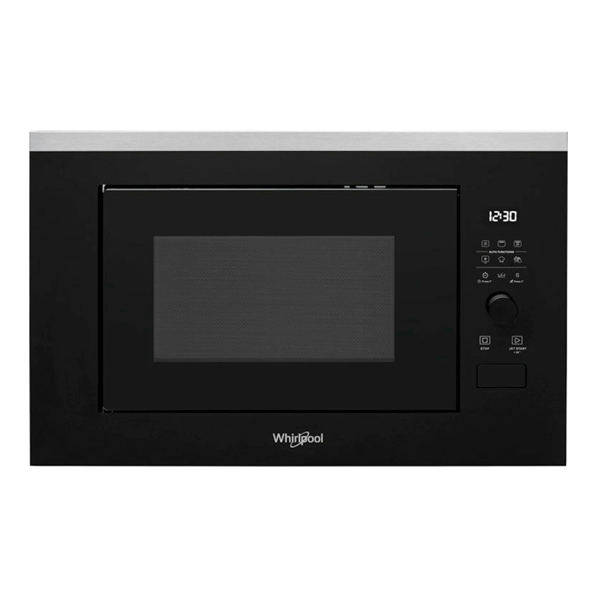 Microondas Whirlpool WMF250G negro, vista frontal, con display digital y panel de control a la derecha.