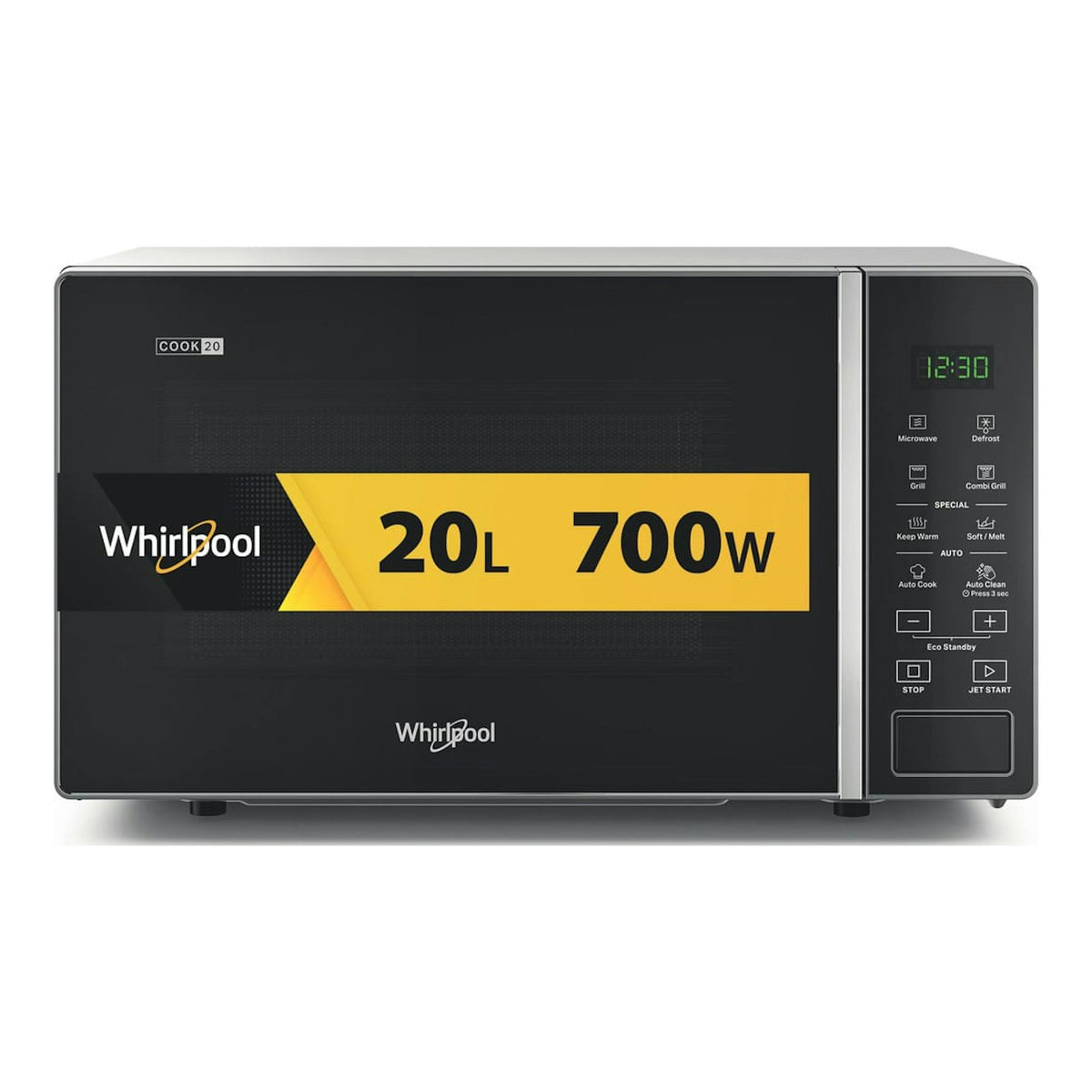 Microondas Whirlpool MWP 203 SB negro, vista frontal, con panel digital, 20 L y 700 W.
