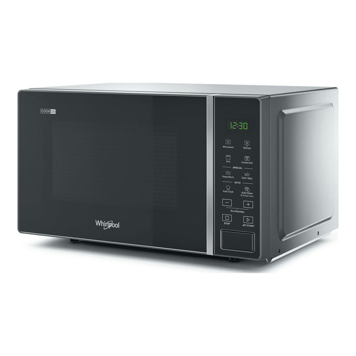 Microondas Whirlpool MWP 203 SB, negro y plateado, vista frontal en ángulo derecho con panel digital.