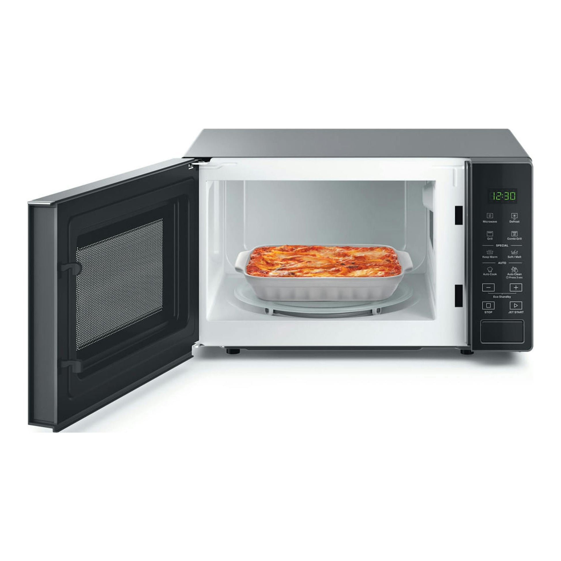Microondas Whirlpool MWP 203 SB negro, vista frontal con la puerta abierta y un plato dentro.