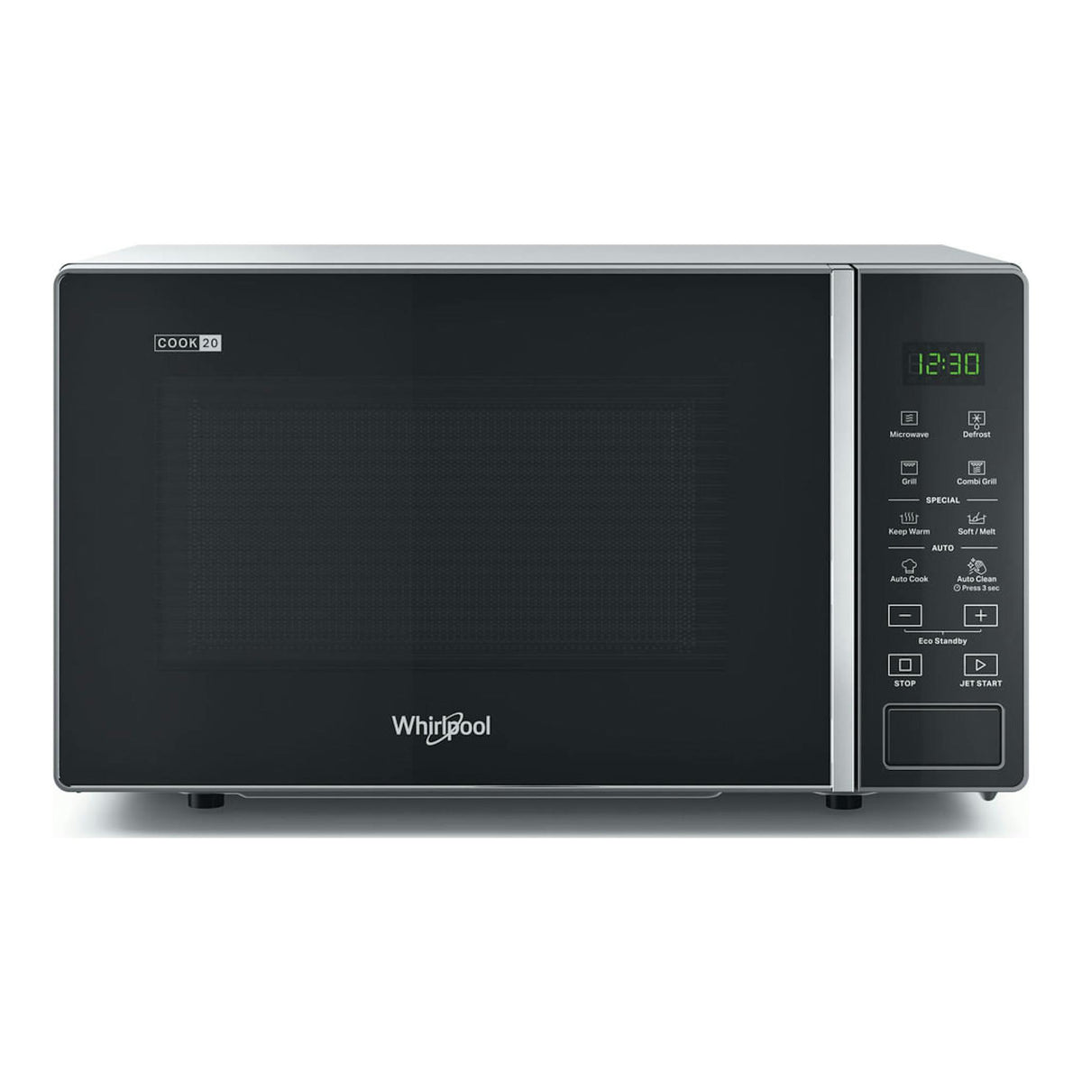 Microondas Whirlpool MWP 203 SB negro, vista frontal, con panel digital y botones laterales.