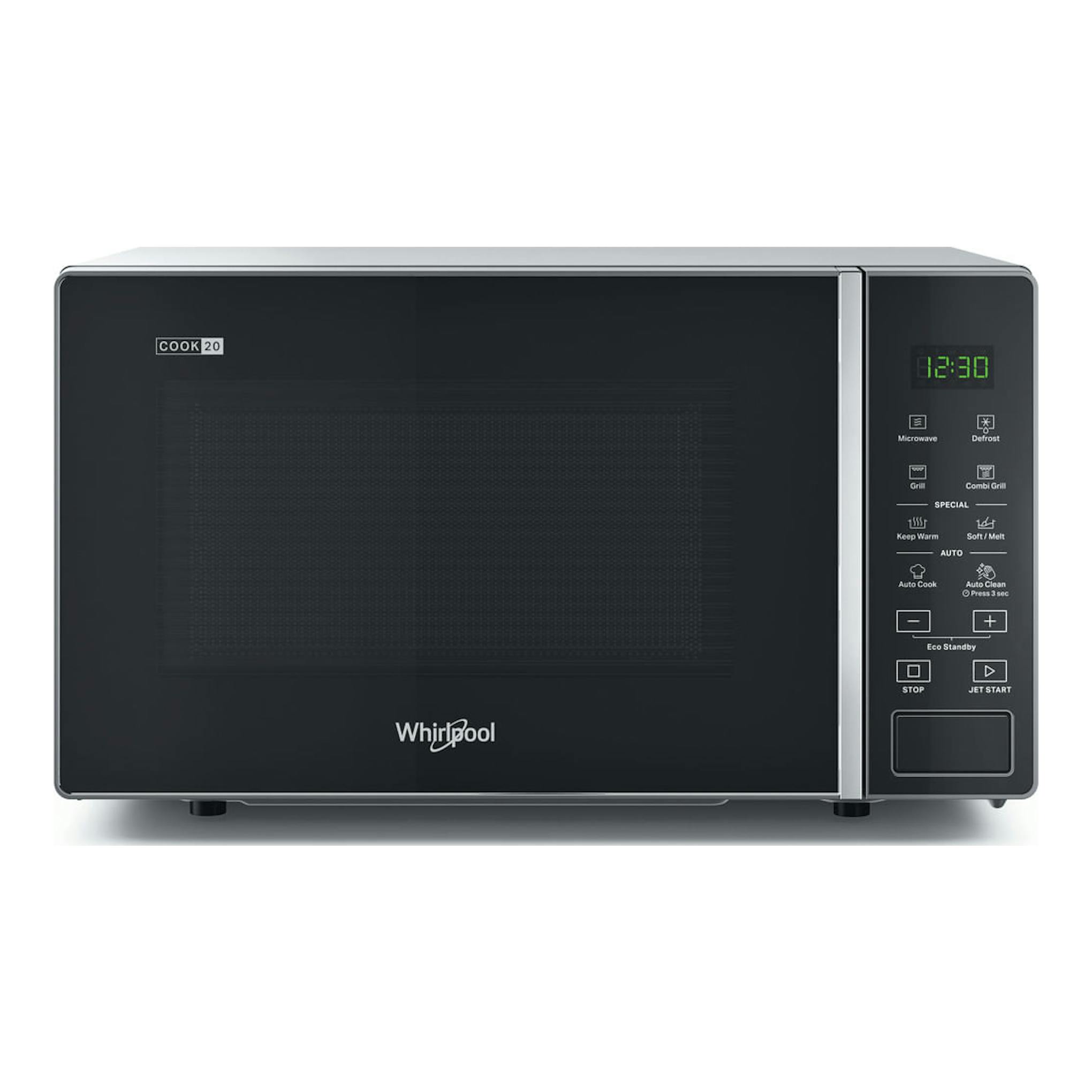 Microondas Whirlpool MWP 203 SB negro, vista frontal, con panel digital y botones laterales.
