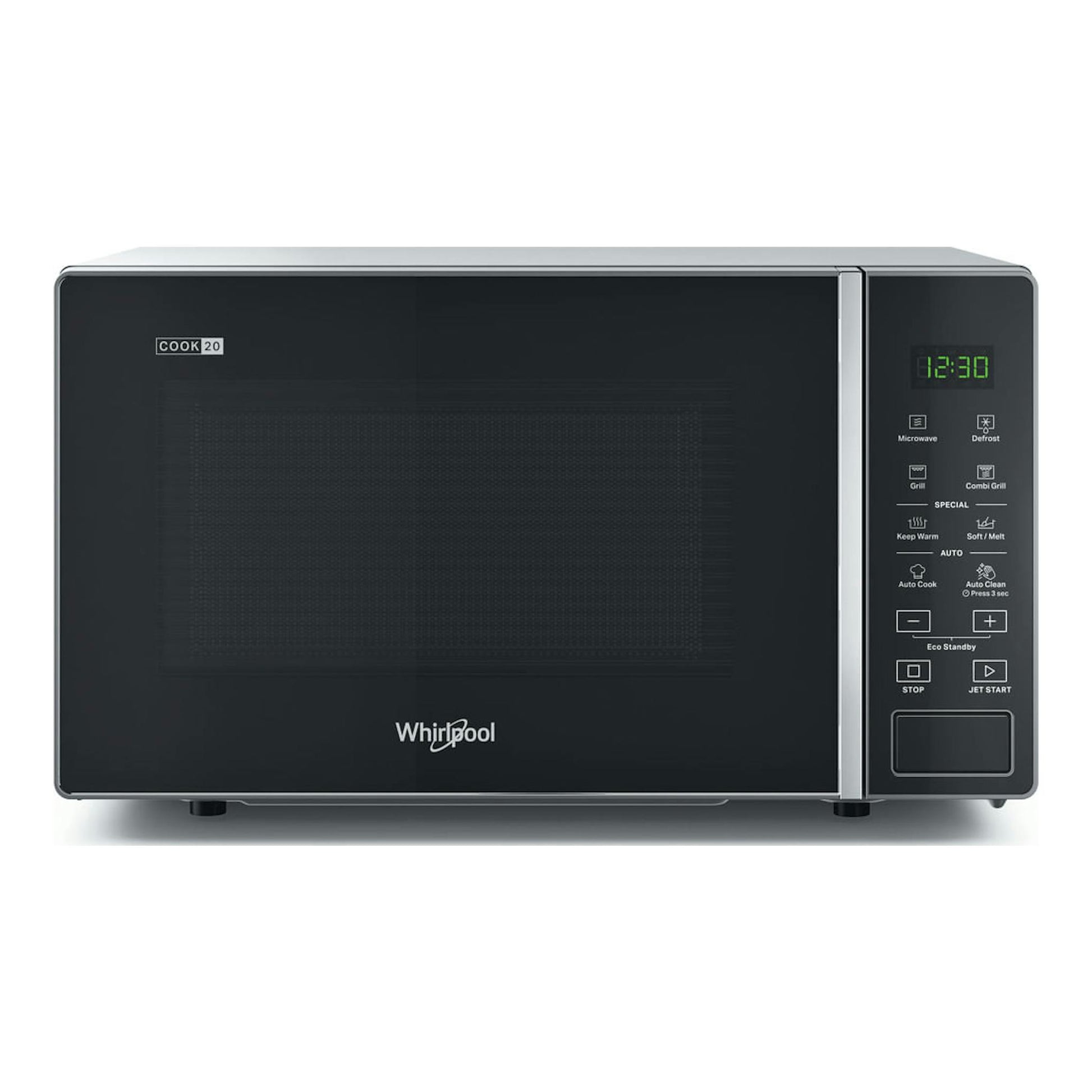 Microondas Whirlpool MWP 203 SB negro, vista frontal, con panel digital y controles a la derecha.
