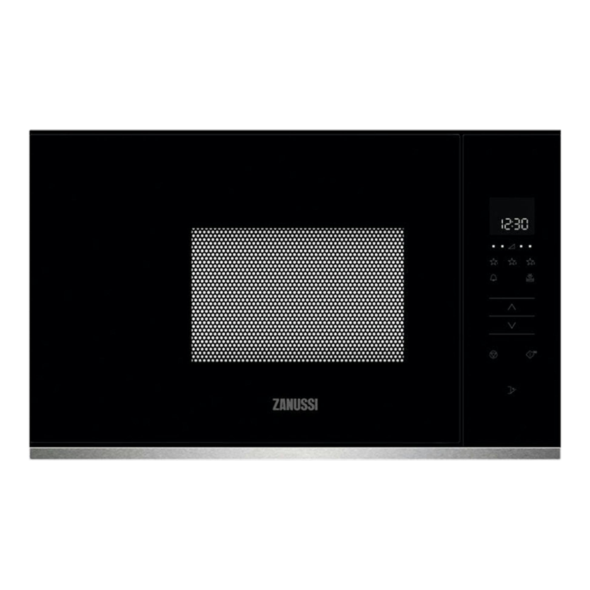 Microondas Zanussi ZMBN2SX negro, vista frontal, con panel digital y puerta de malla central.