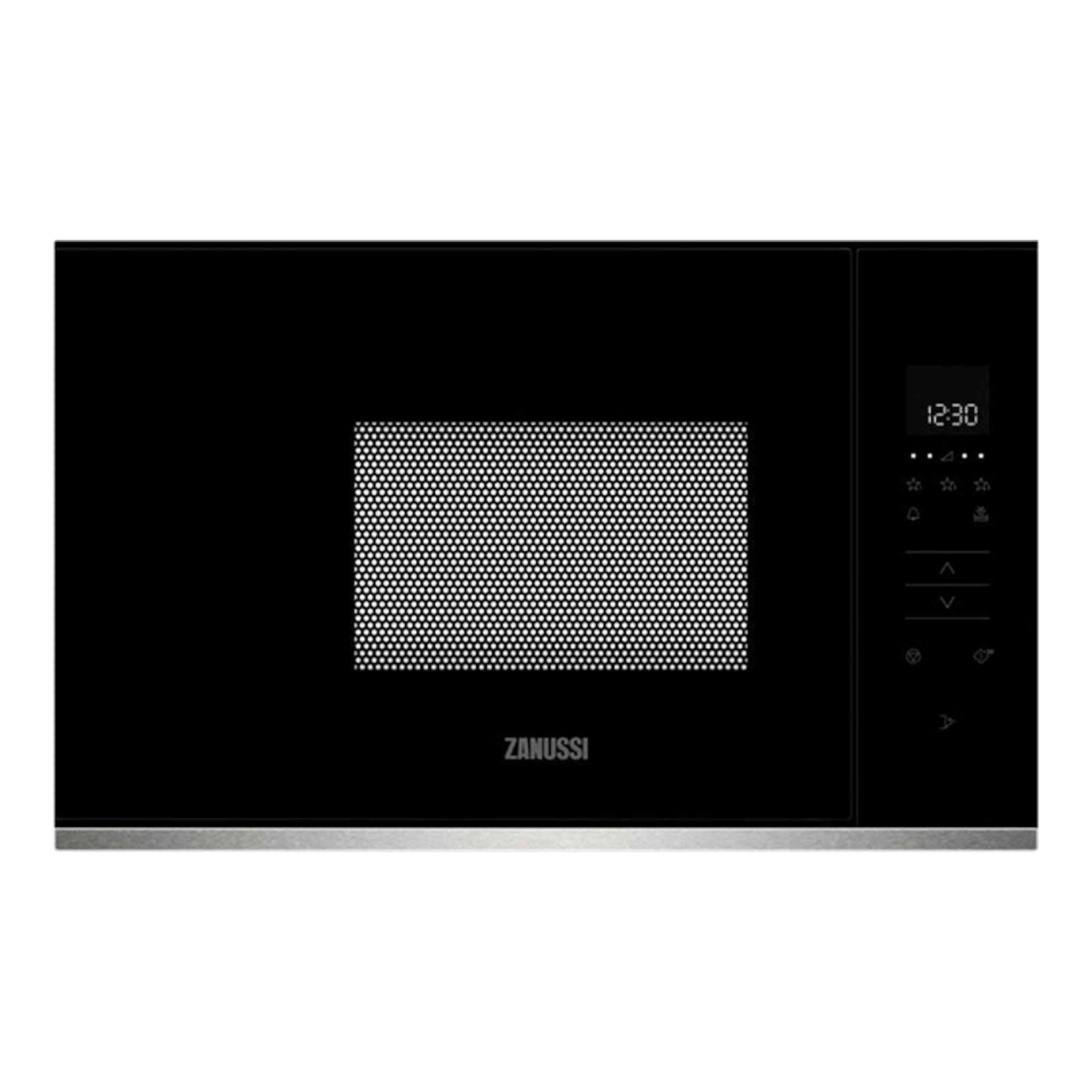 Microondas Zanussi ZMBN2SX negro, vista frontal, con panel digital y puerta de malla central.