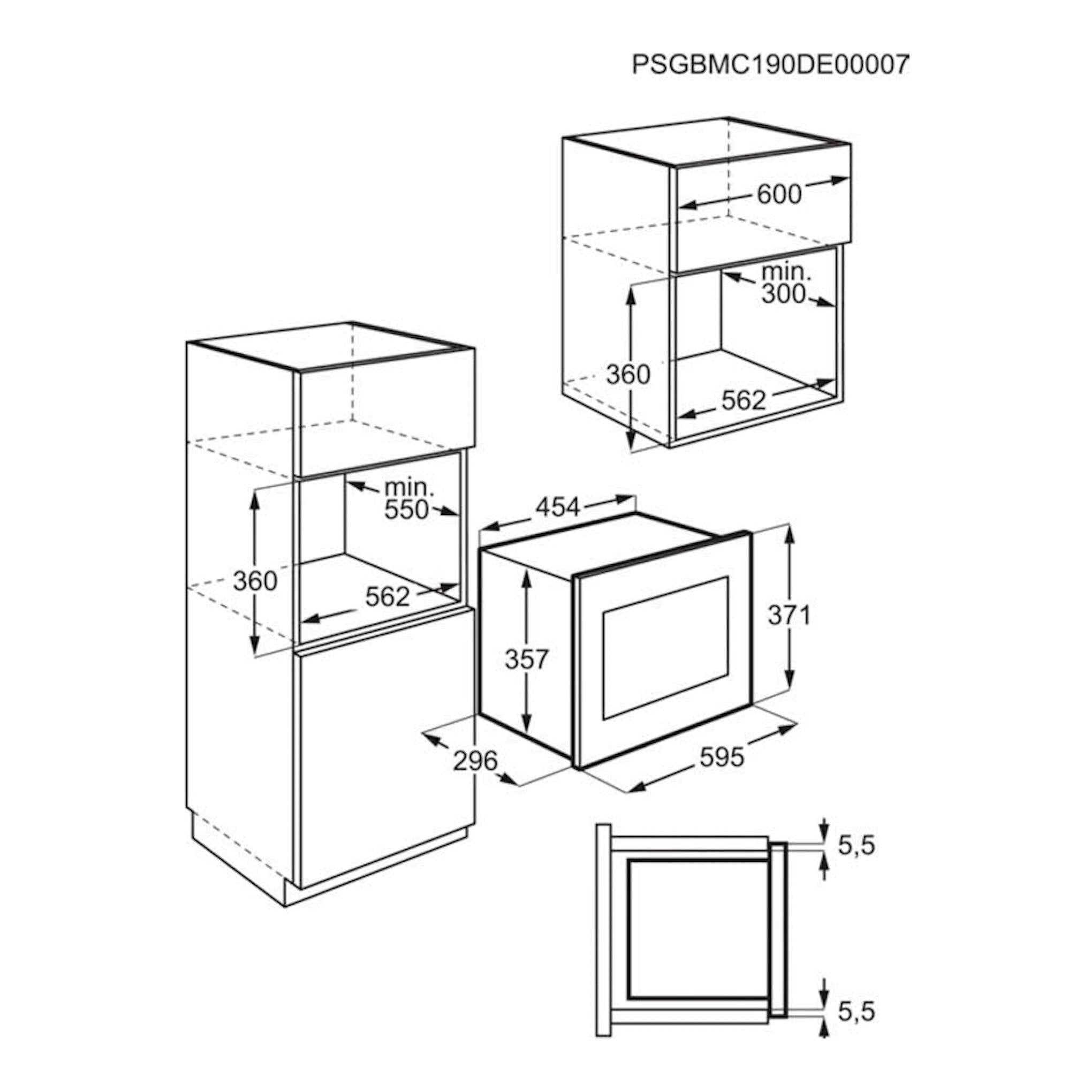 Esquema de instalación del microondas Zanussi ZMBN2SX negro, con vistas frontal y lateral y medidas.