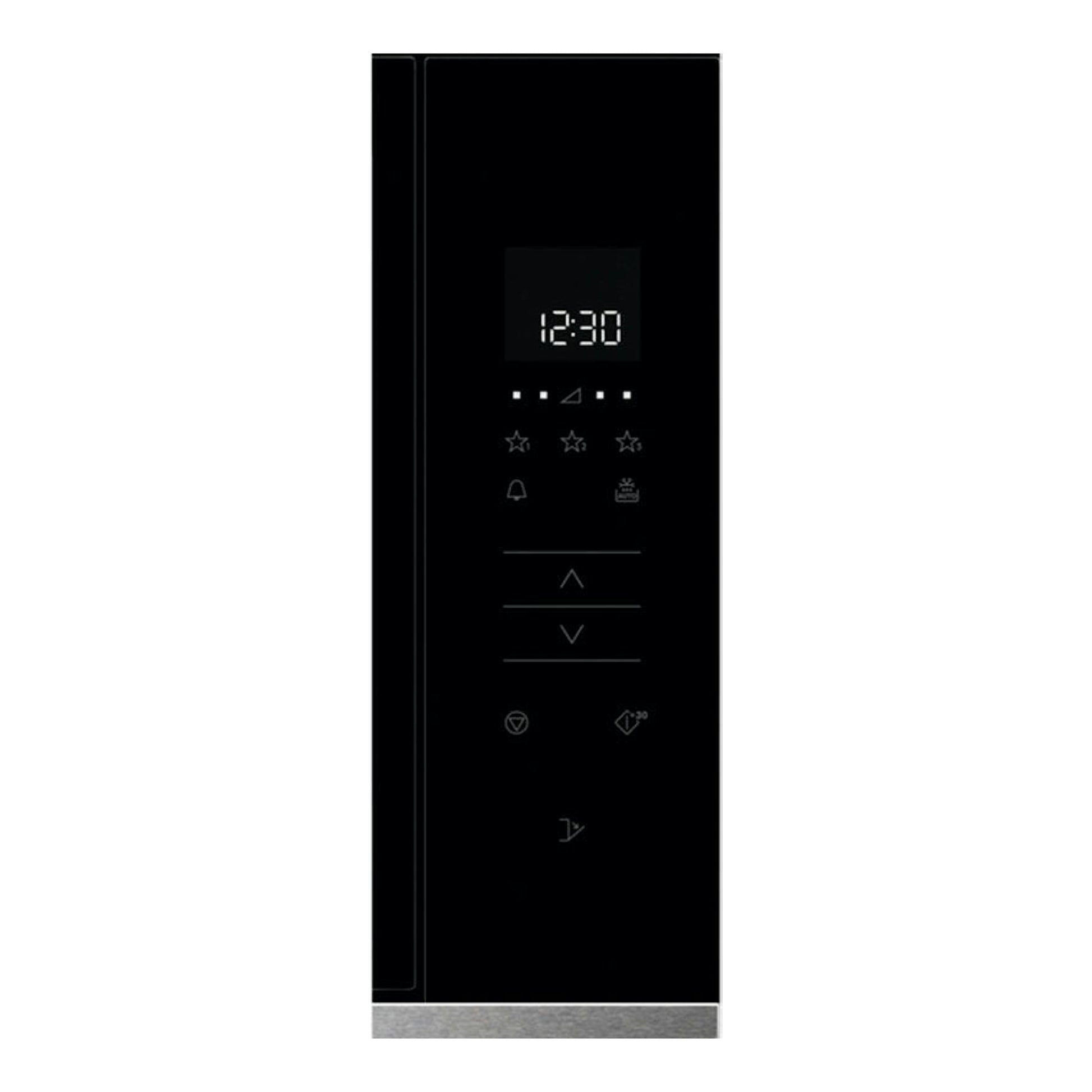 Microondas Zanussi ZMBN2SX negro, vista frontal, panel táctil negro con pantalla digital 12:30.