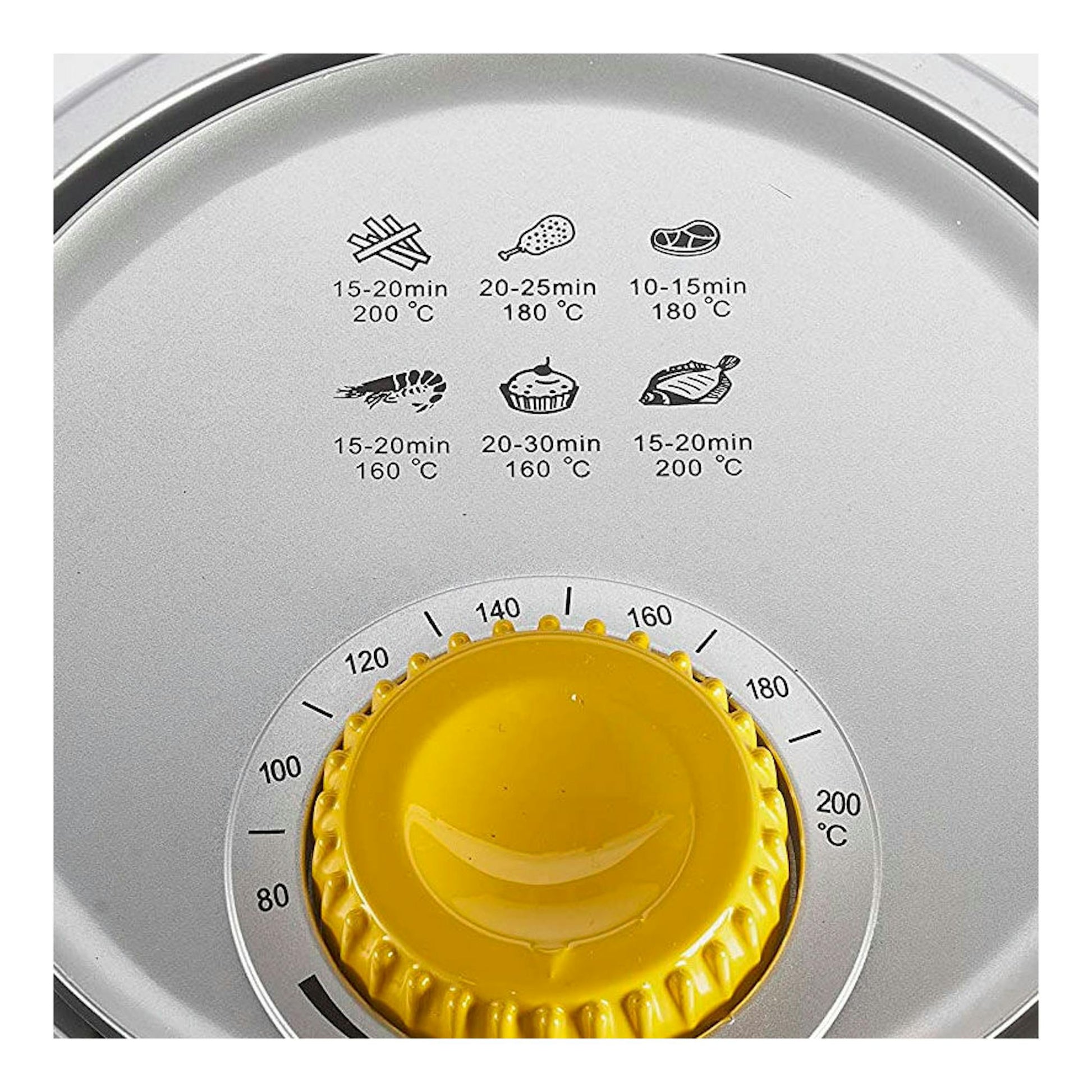Ariete Airy 4615, primer plano del panel superior gris con selector amarillo de temperatura y tiempos.