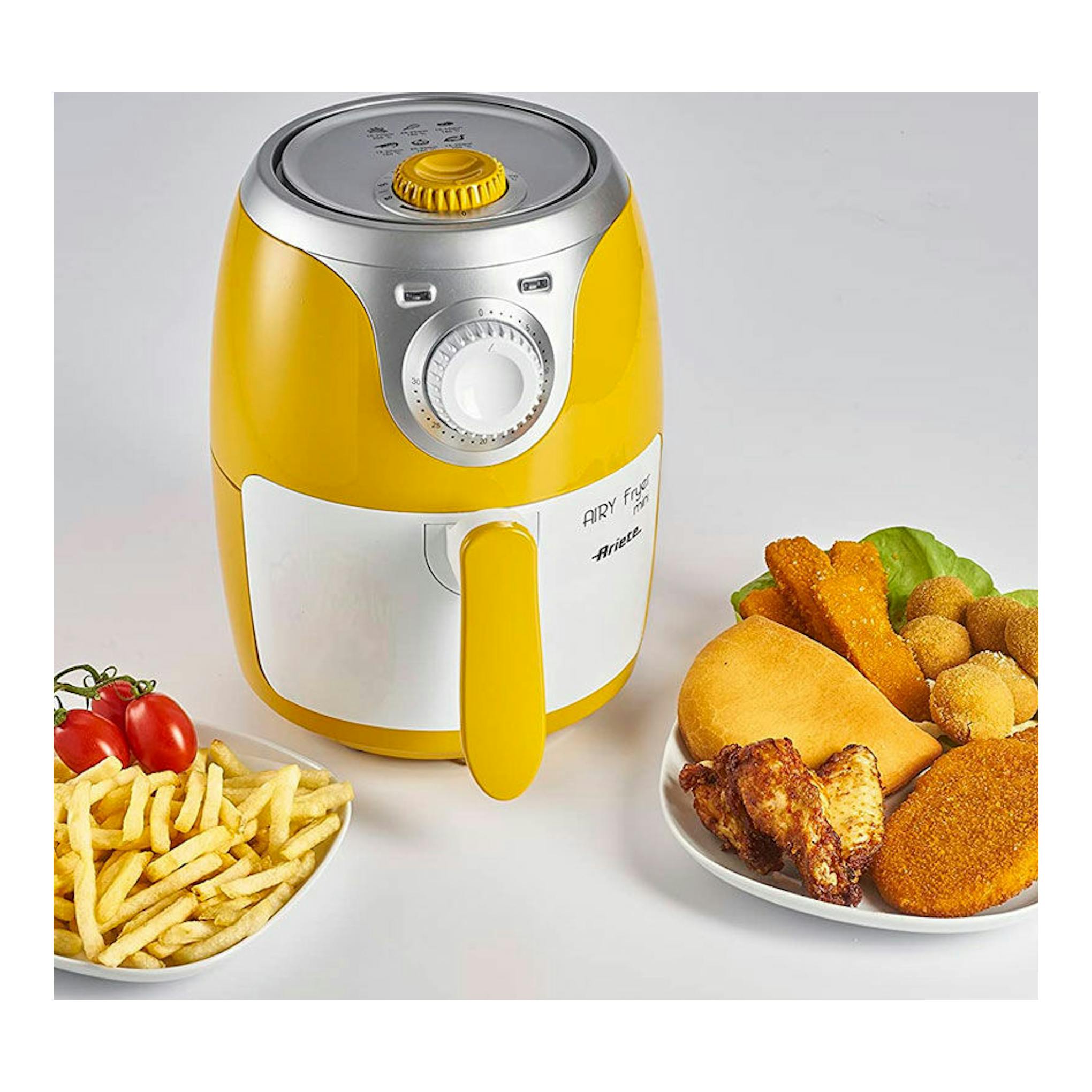 Freidora de aire Ariete Airy Fryer 4615 amarilla y blanca, vista frontal con mando superior.