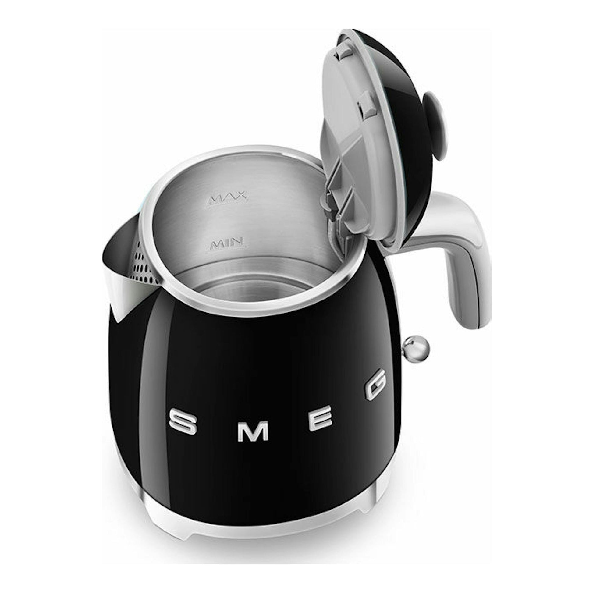 Mini hervidor Smeg KLF05BLEU negro, vista superior frontal con la tapa abierta.
