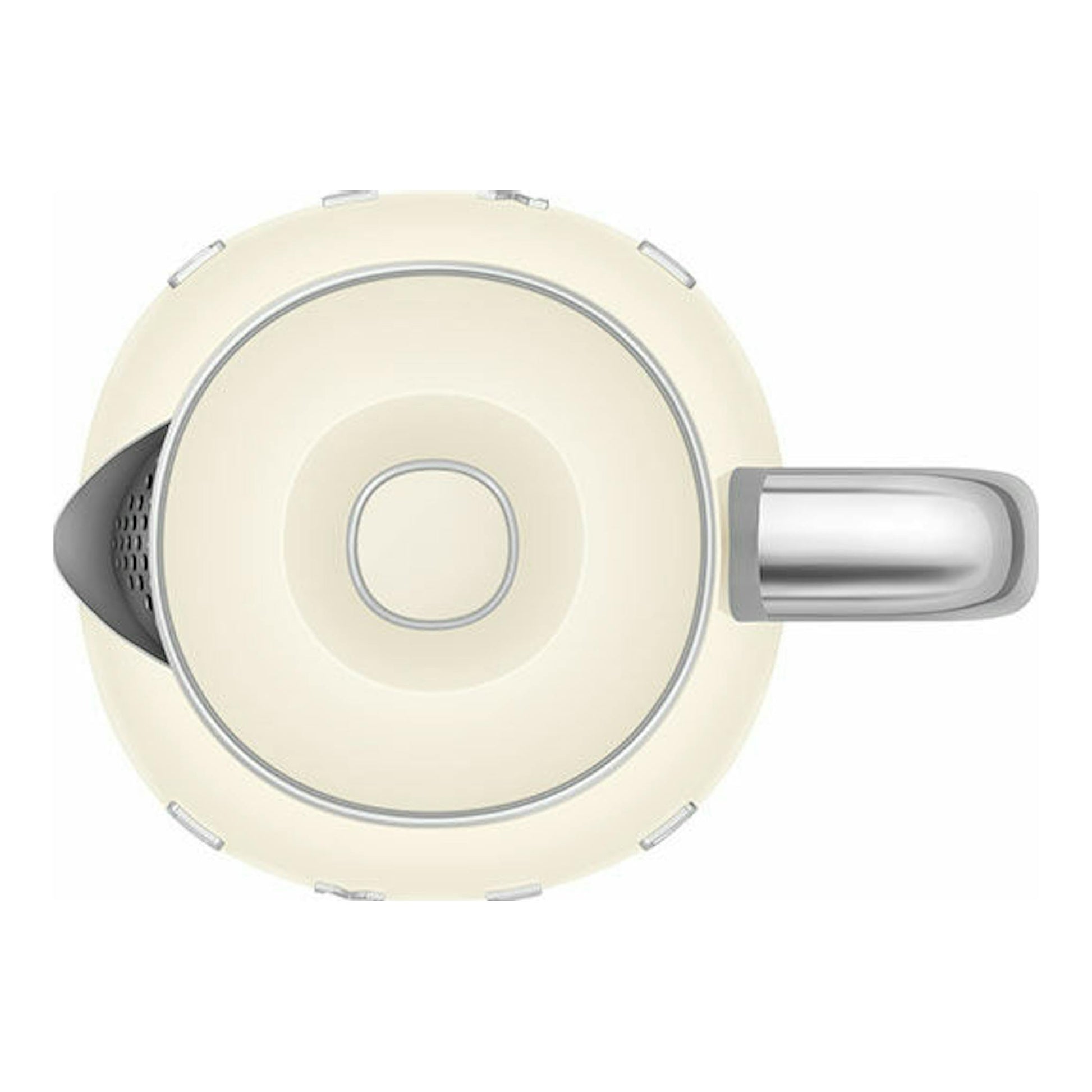 Mini hervidor Smeg KLF05CREU color crema, vista superior, con asa plateada a la derecha y boquilla a la izquierda.