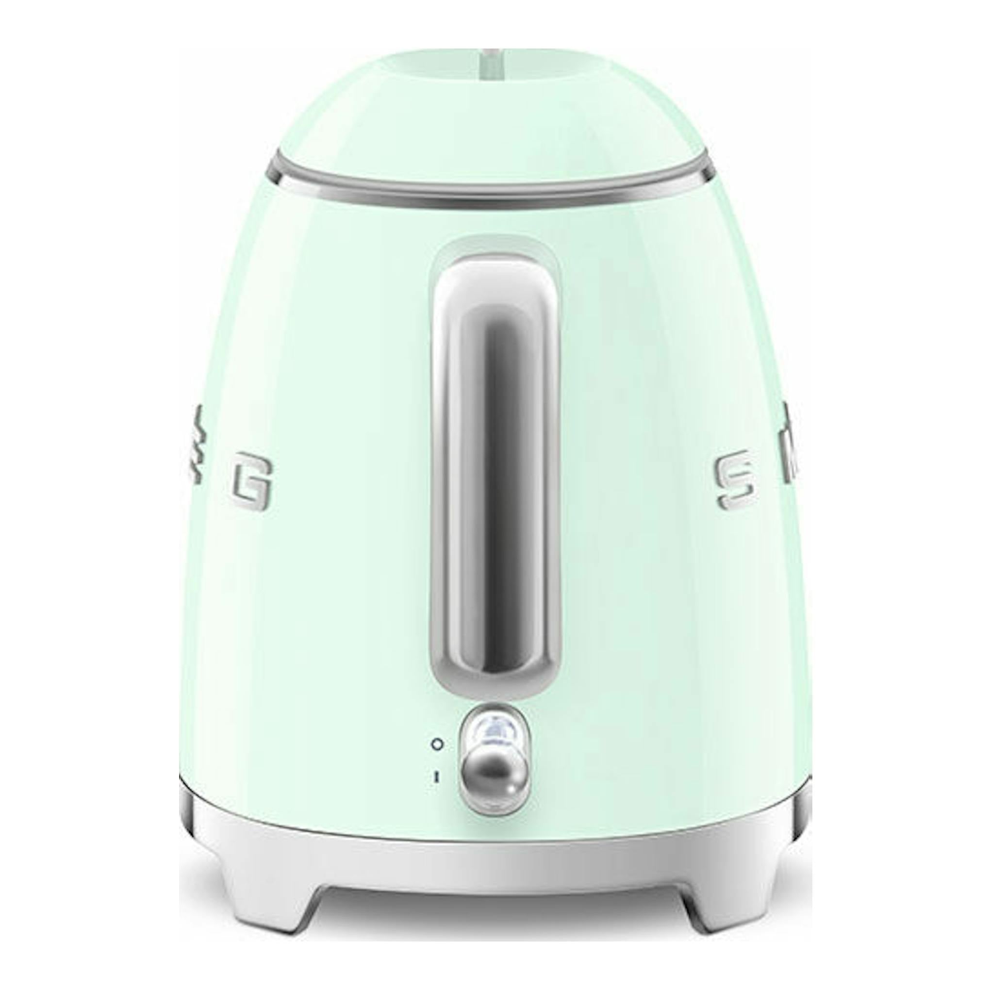 Mini hervidor Smeg KLF05PGEU verde menta, vista frontal, con base y detalles plateados.