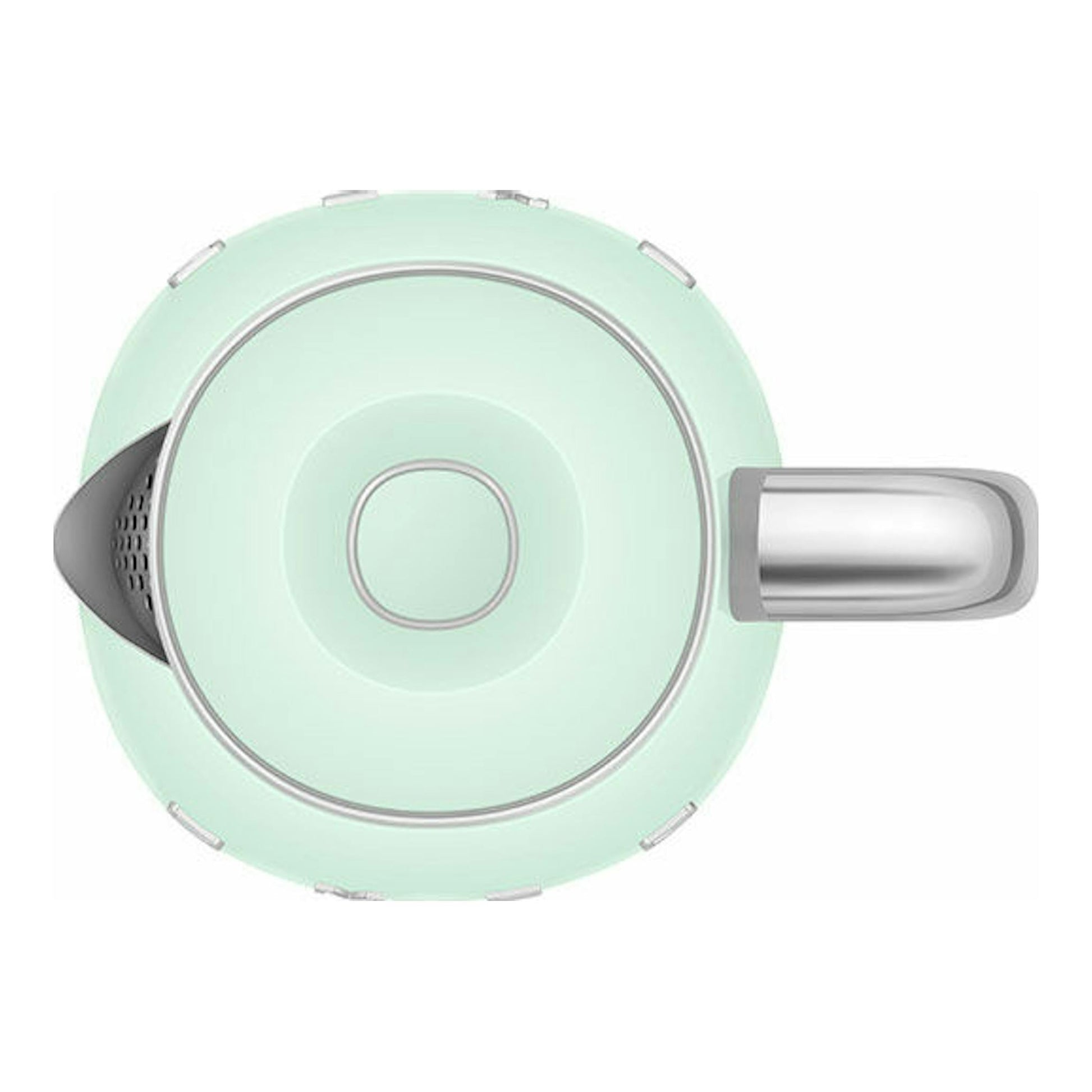 Hervidor mini Smeg KLF05PGEU verde menta, vista superior, con asa y boquilla plateadas.