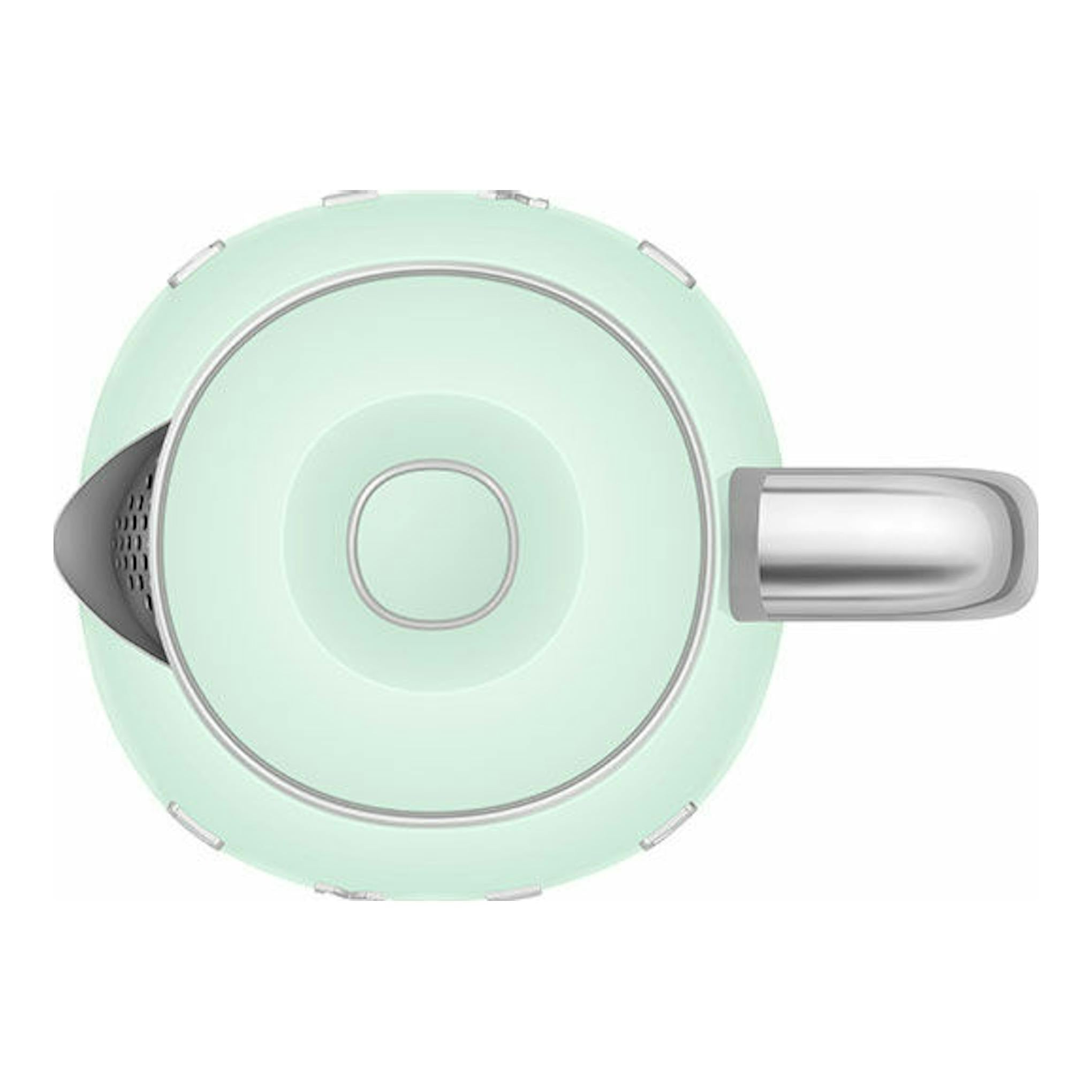 Hervidor mini Smeg KLF05PGEU verde menta, vista superior, con asa y boquilla plateadas.