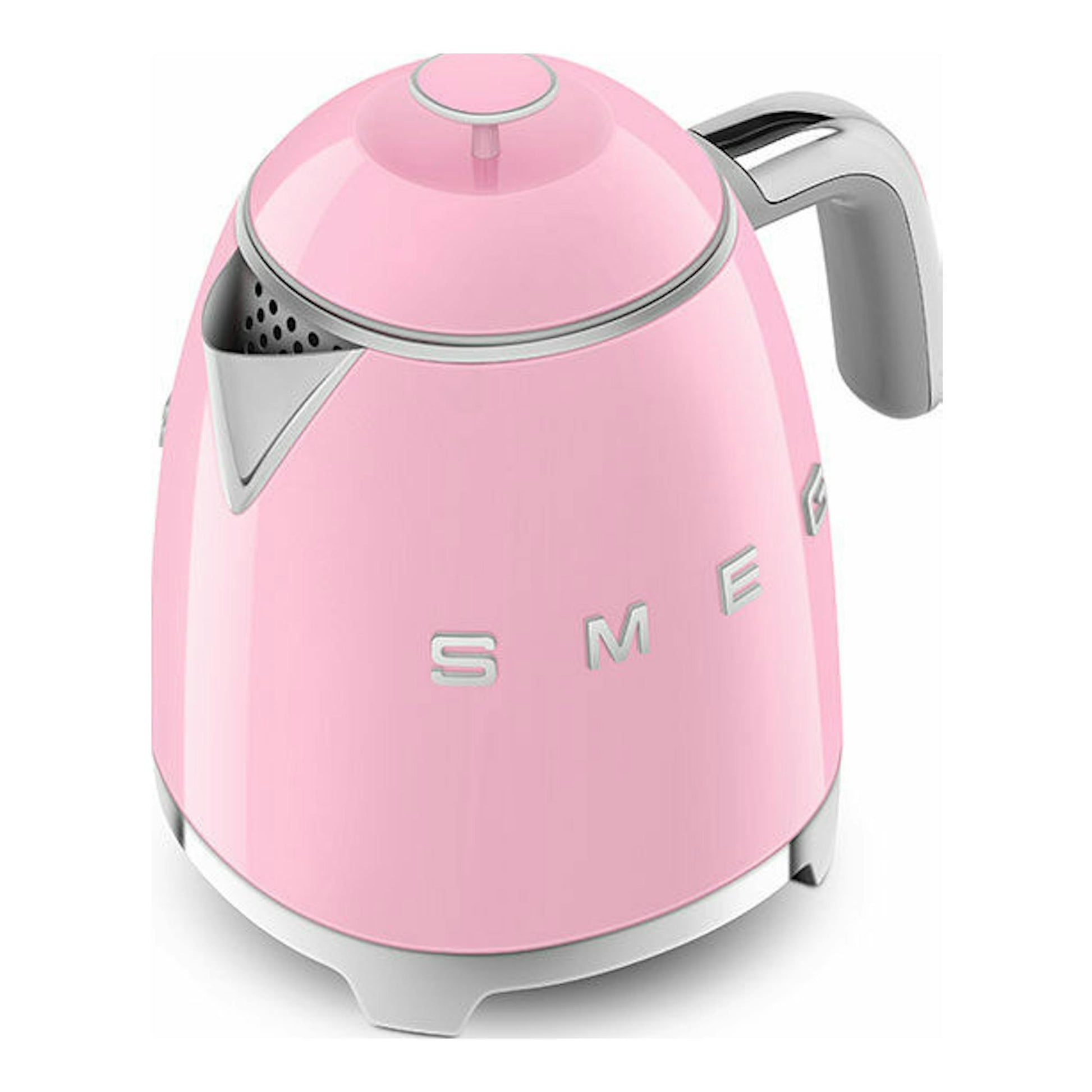Mini hervidor Smeg KLF05PKEU rosa, vista frontal en ángulo, con detalles cromados.