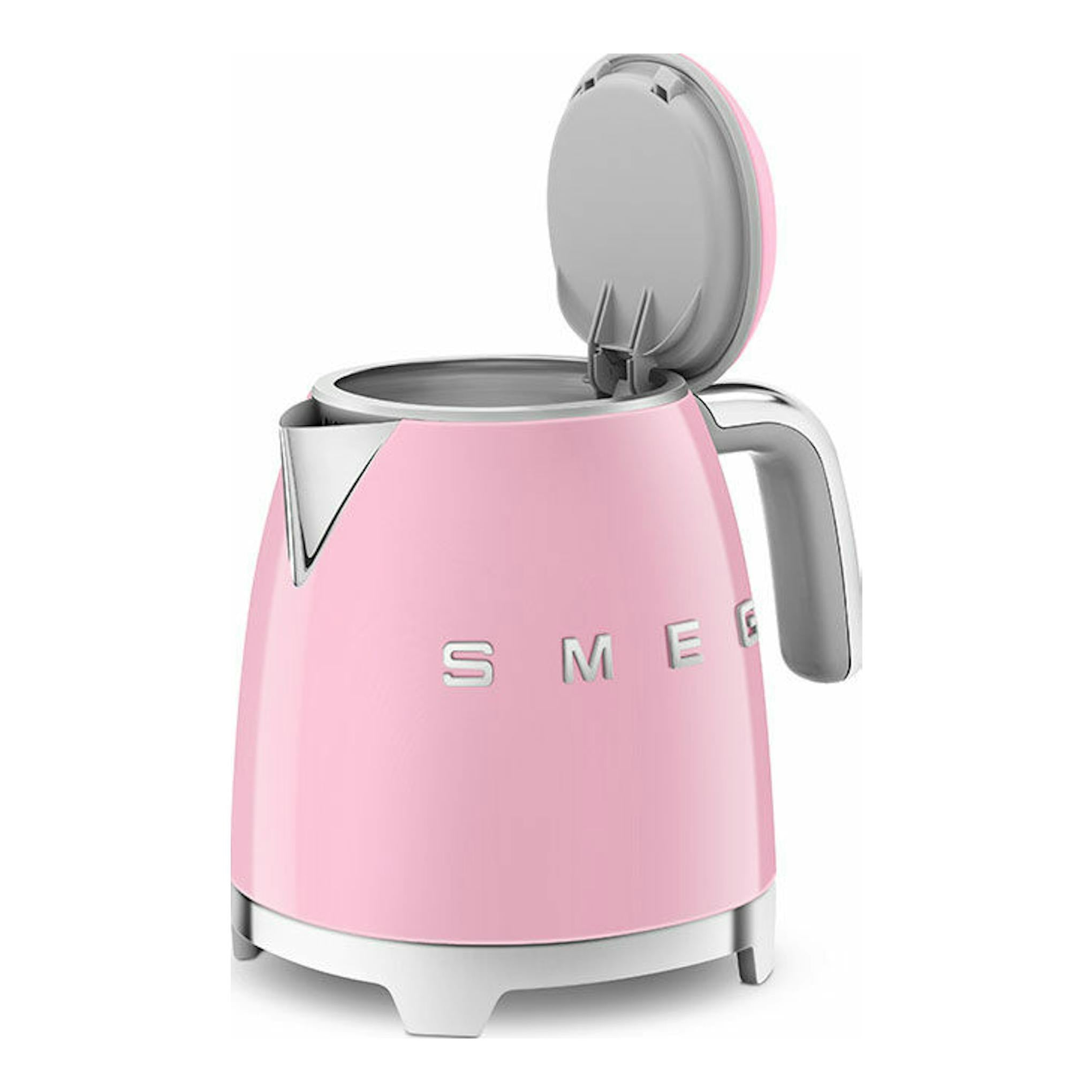 Mini hervidor Smeg KLF05PKEU rosa, vista frontal con tapa abierta y asa gris.