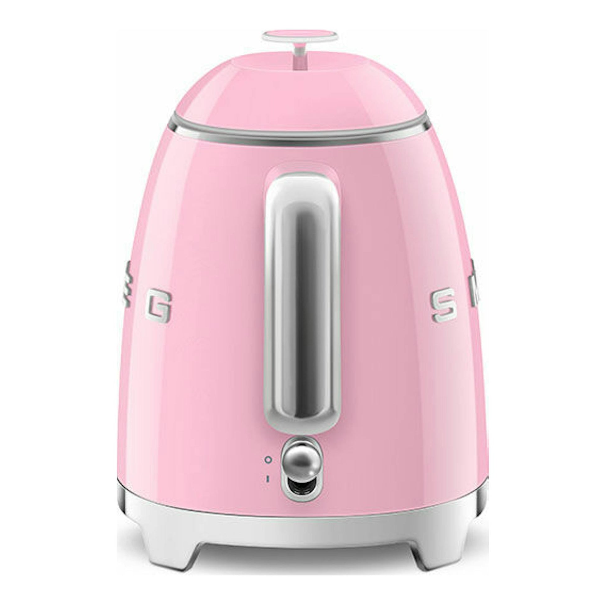 Mini hervidor Smeg KLF05PKEU rosa, vista frontal, con detalles plateados sobre fondo blanco.