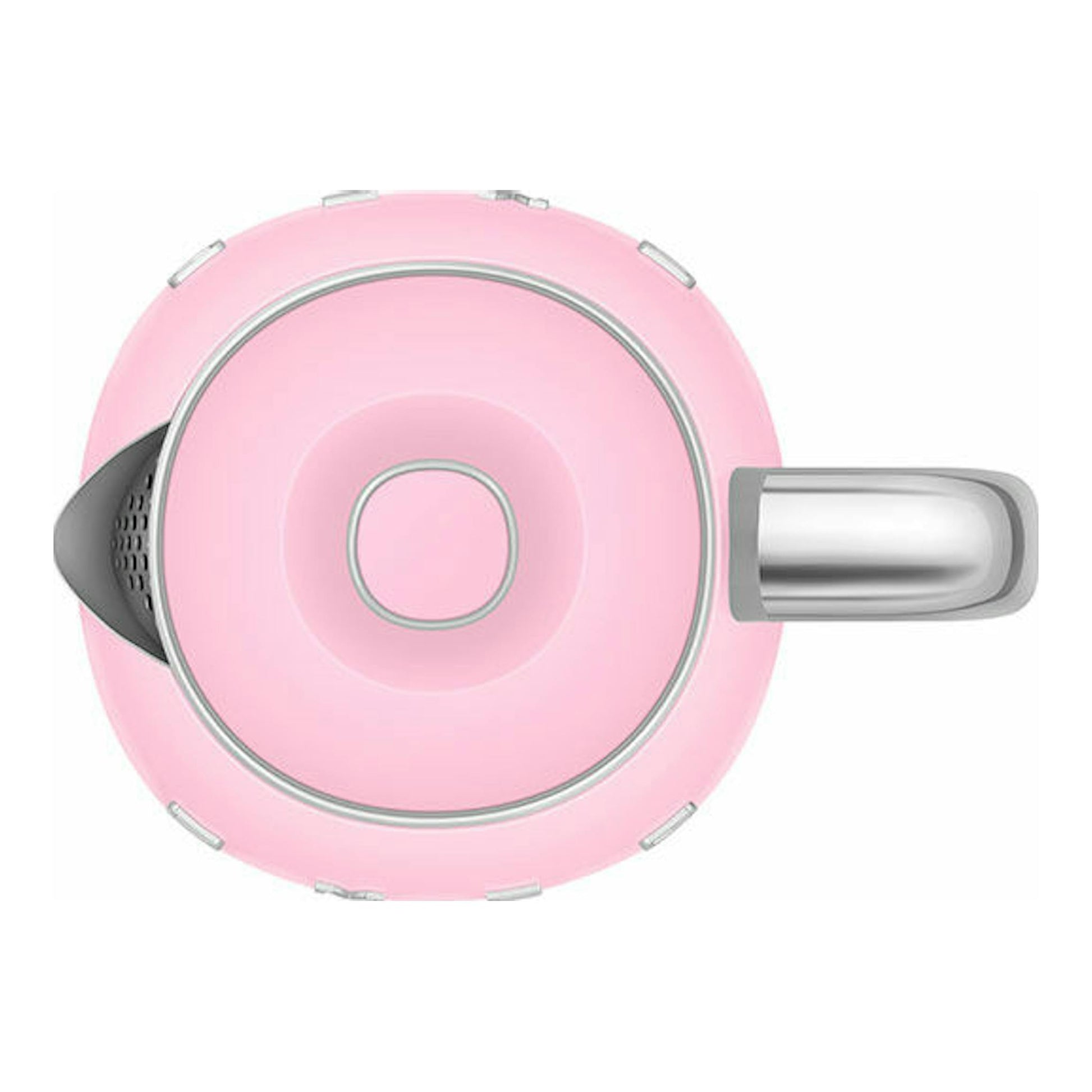 Mini hervidor Smeg KLF05PKEU rosa, vista cenital, con asa metálica a la derecha y boquilla a la izquierda.