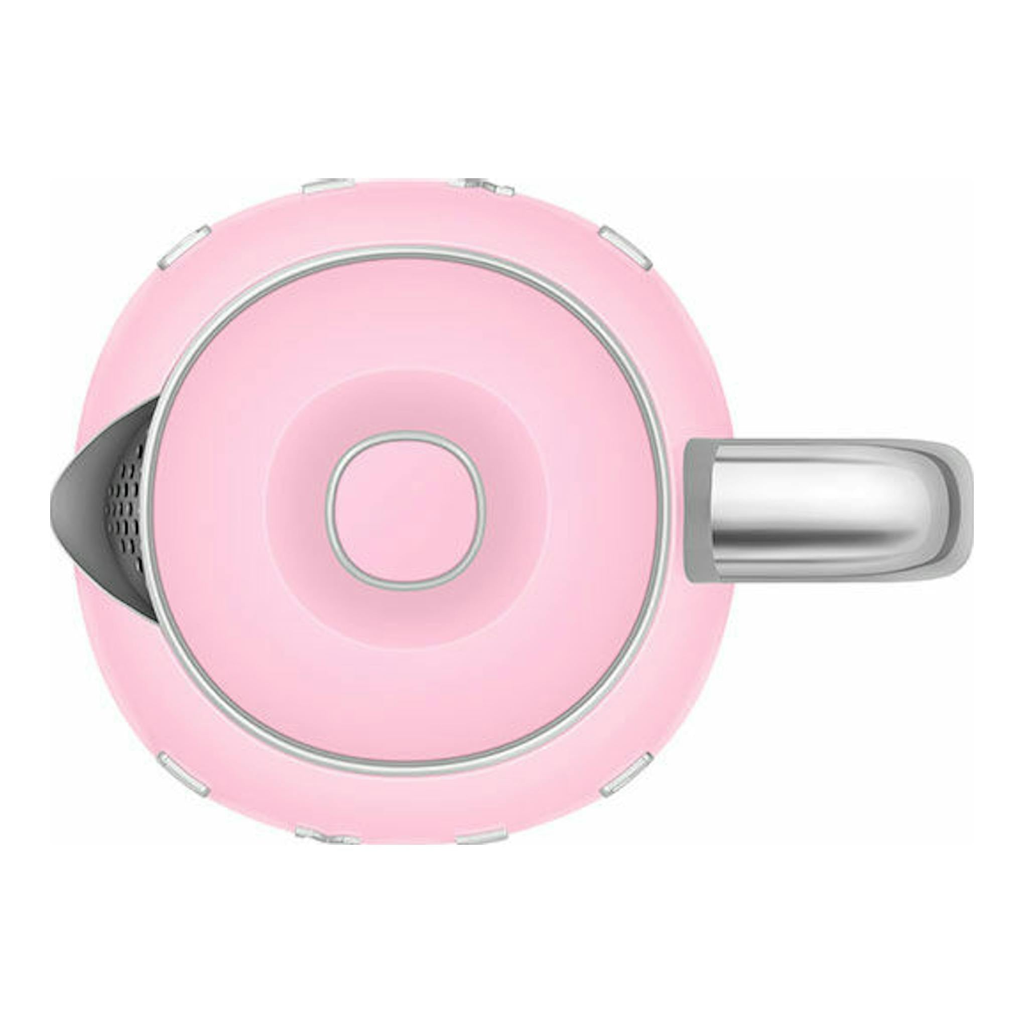 Mini hervidor Smeg KLF05PKEU rosa, vista cenital, con asa metálica a la derecha y boquilla a la izquierda.
