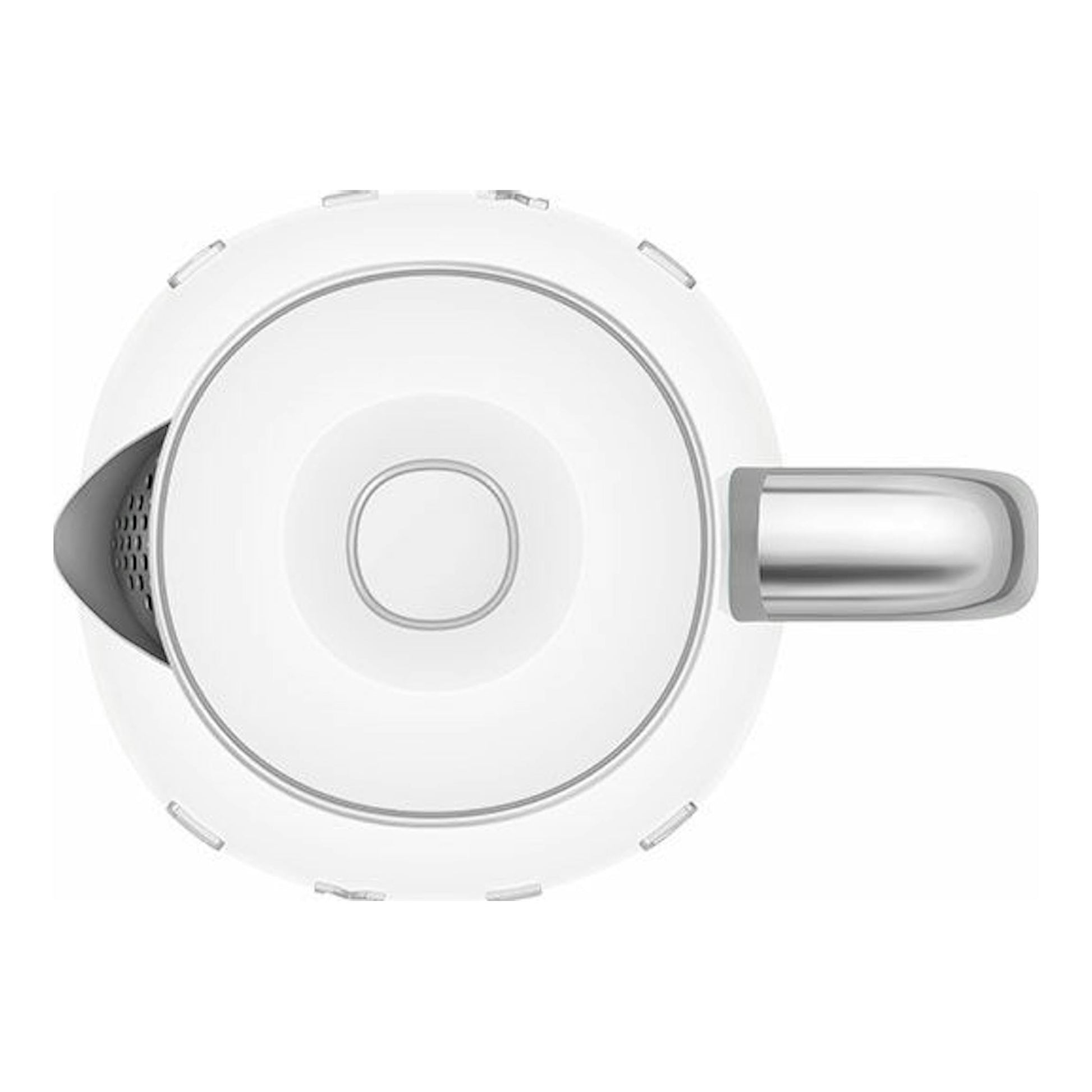 Mini hervidor Smeg KLF05WHEU blanco, vista superior, con asa metálica y pico vertedor negro.