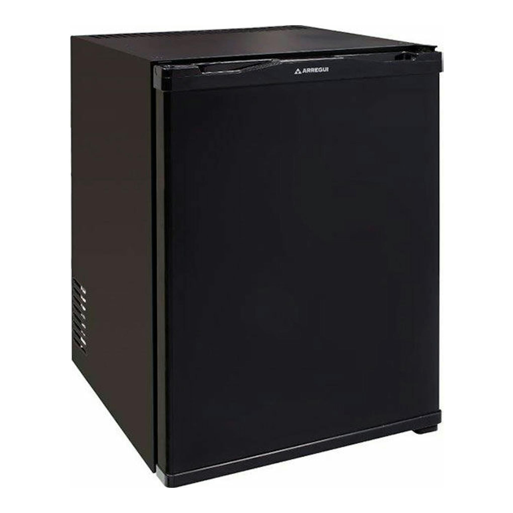 Minibar Arregui MBA300N2112 negro, vista frontal en ángulo de tres cuartos.