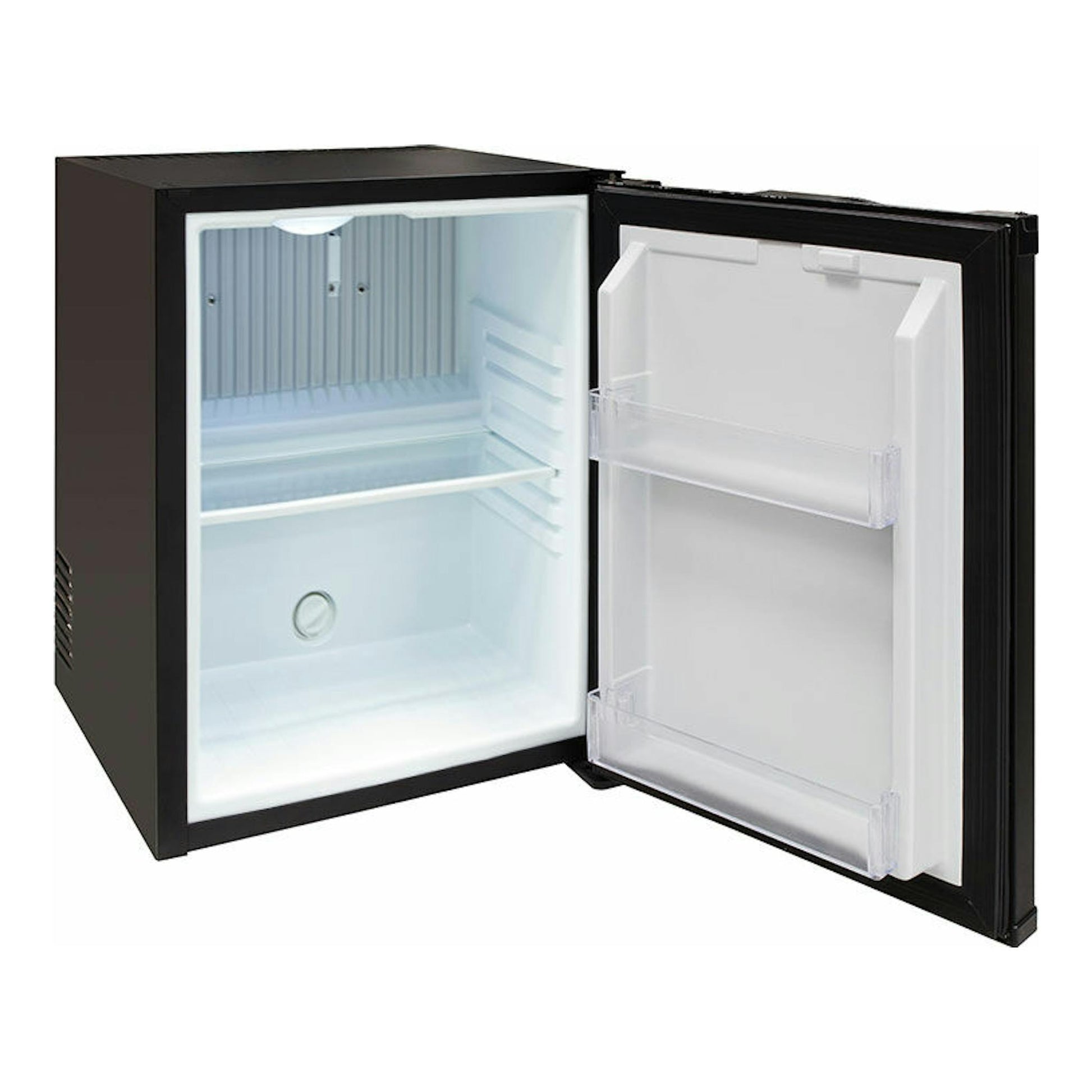 Minibar Arregui MBA300N2112 negro, vista frontal con la puerta abierta y el interior blanco visible.