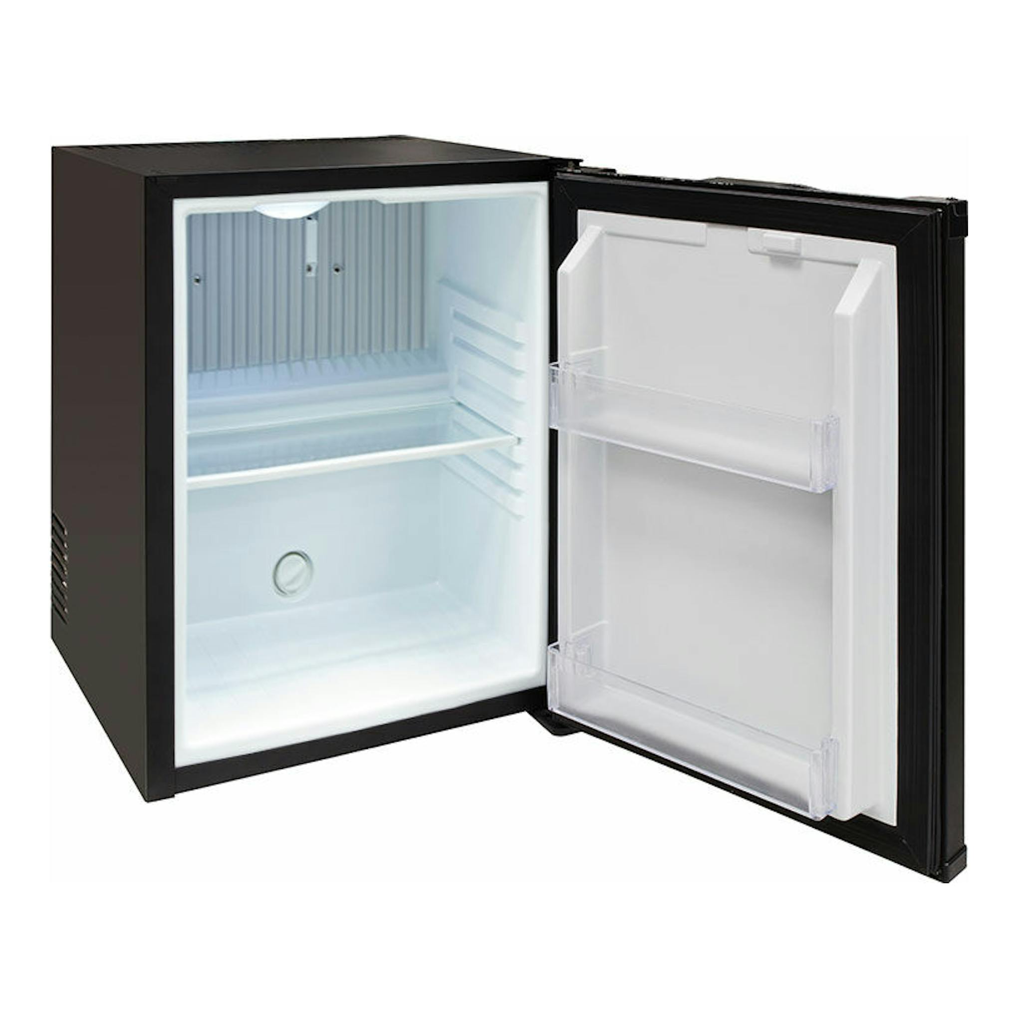 Minibar Arregui MBA300N2112 negro, vista frontal con la puerta abierta y el interior blanco visible.