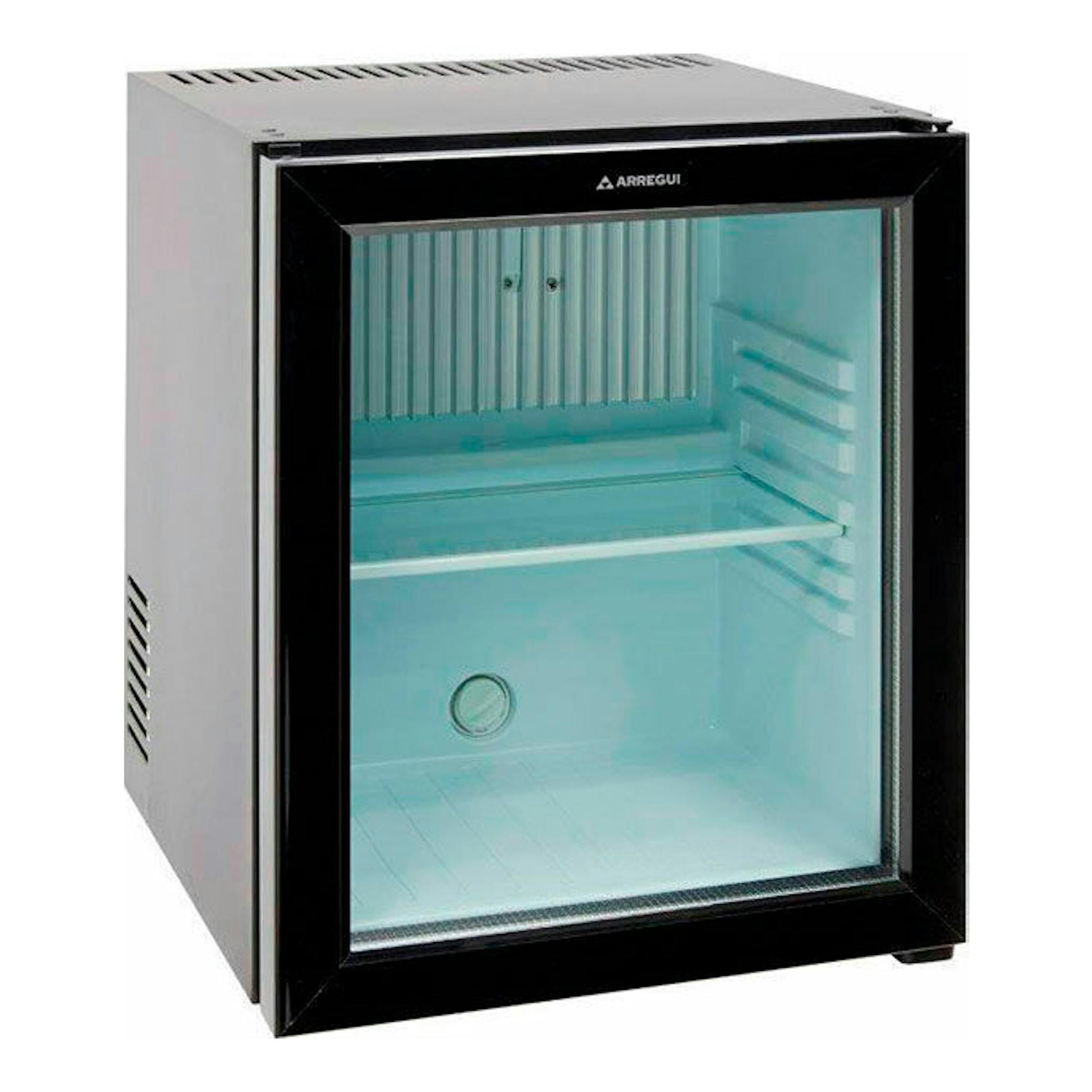 Minibar de absorción Arregui MBA301N2112 negro, vista frontal en tres cuartos, puerta de vidrio.