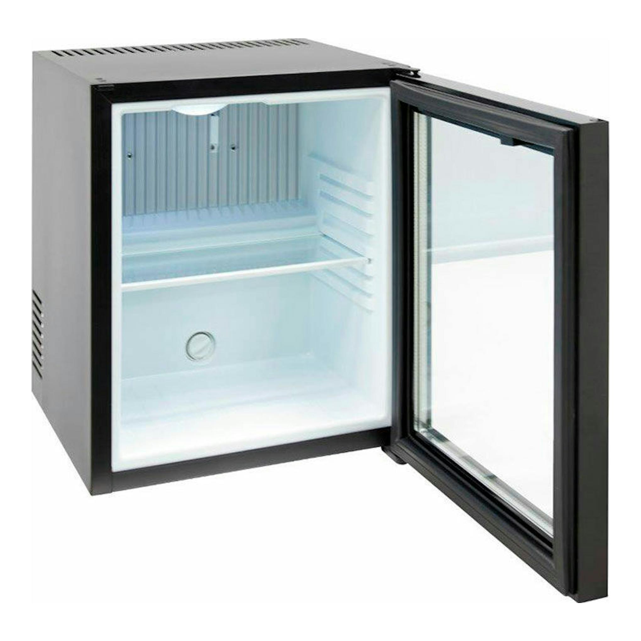 Minibar de absorción Arregui MBA301N2112 negro, vista frontal en ángulo con la puerta abierta.