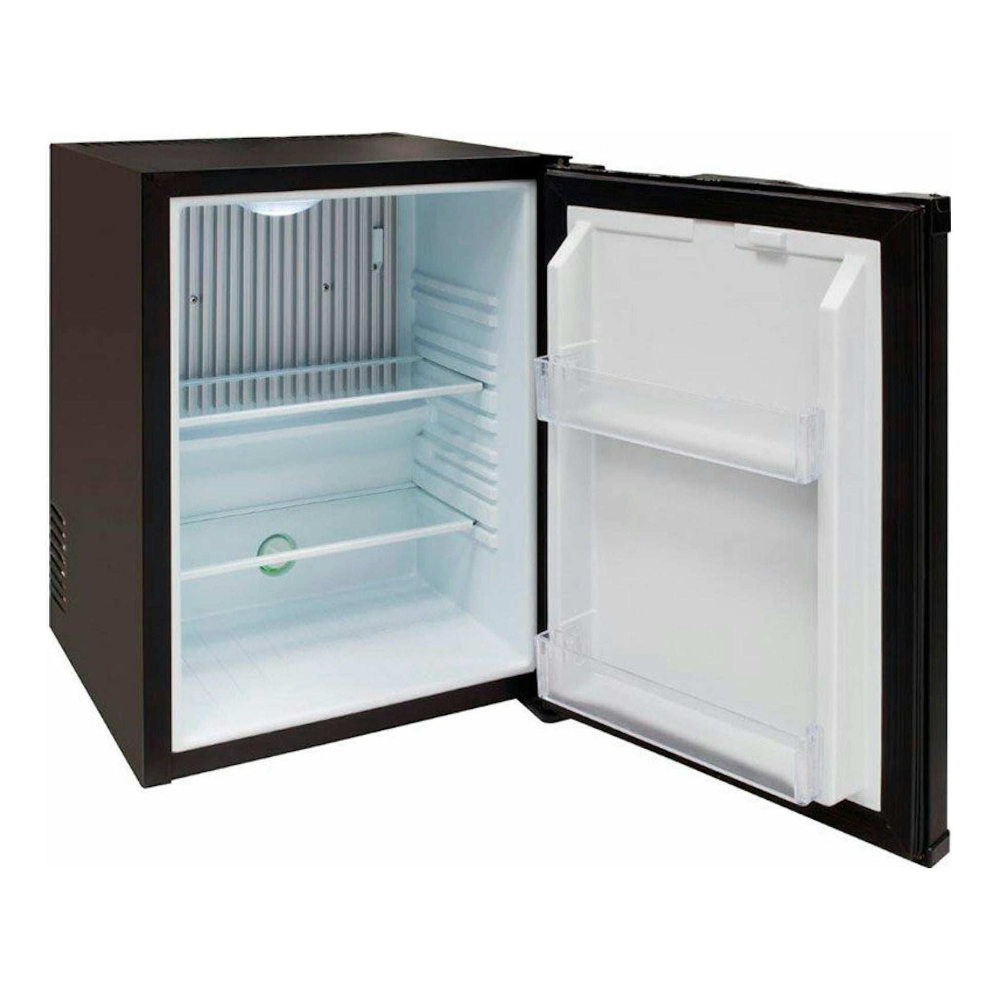 Minibar Arregui MBA400N2112 negro, vista frontal con la puerta abierta y interior vacío.